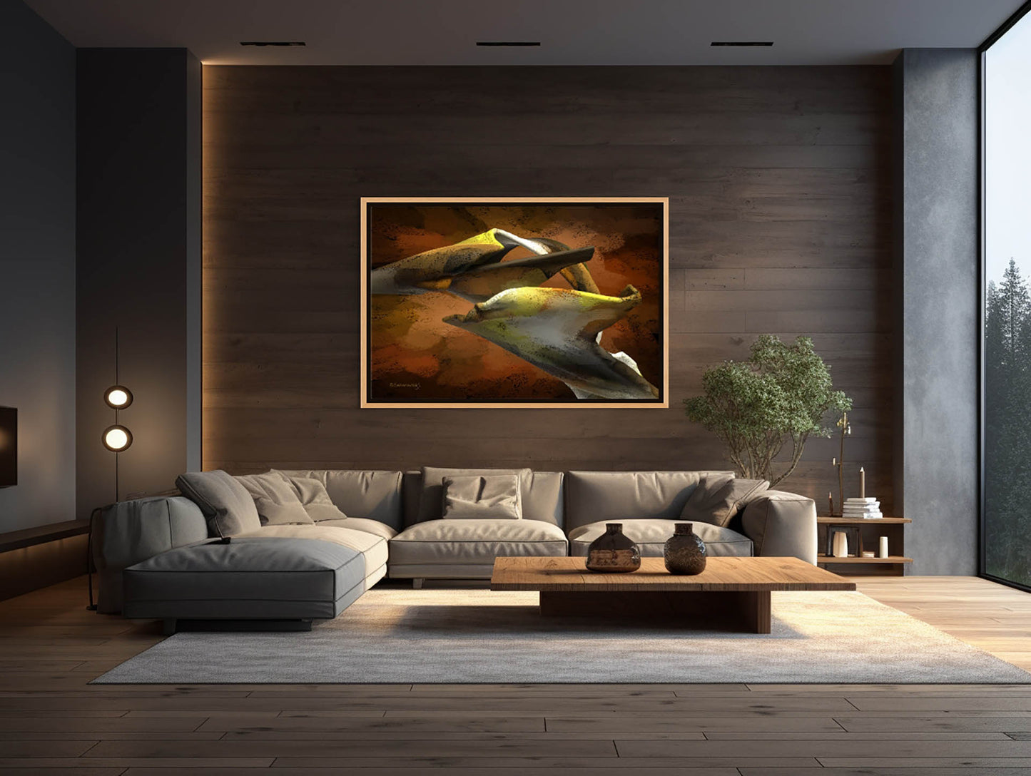A modern living room showcases a large beige sectional and wooden coffee table. Floating Thoughts canvas of two hands adorns the wall. Personalization shines through with a potted tree in the corner, complemented by a large window offering picturesque views of pine trees outside.