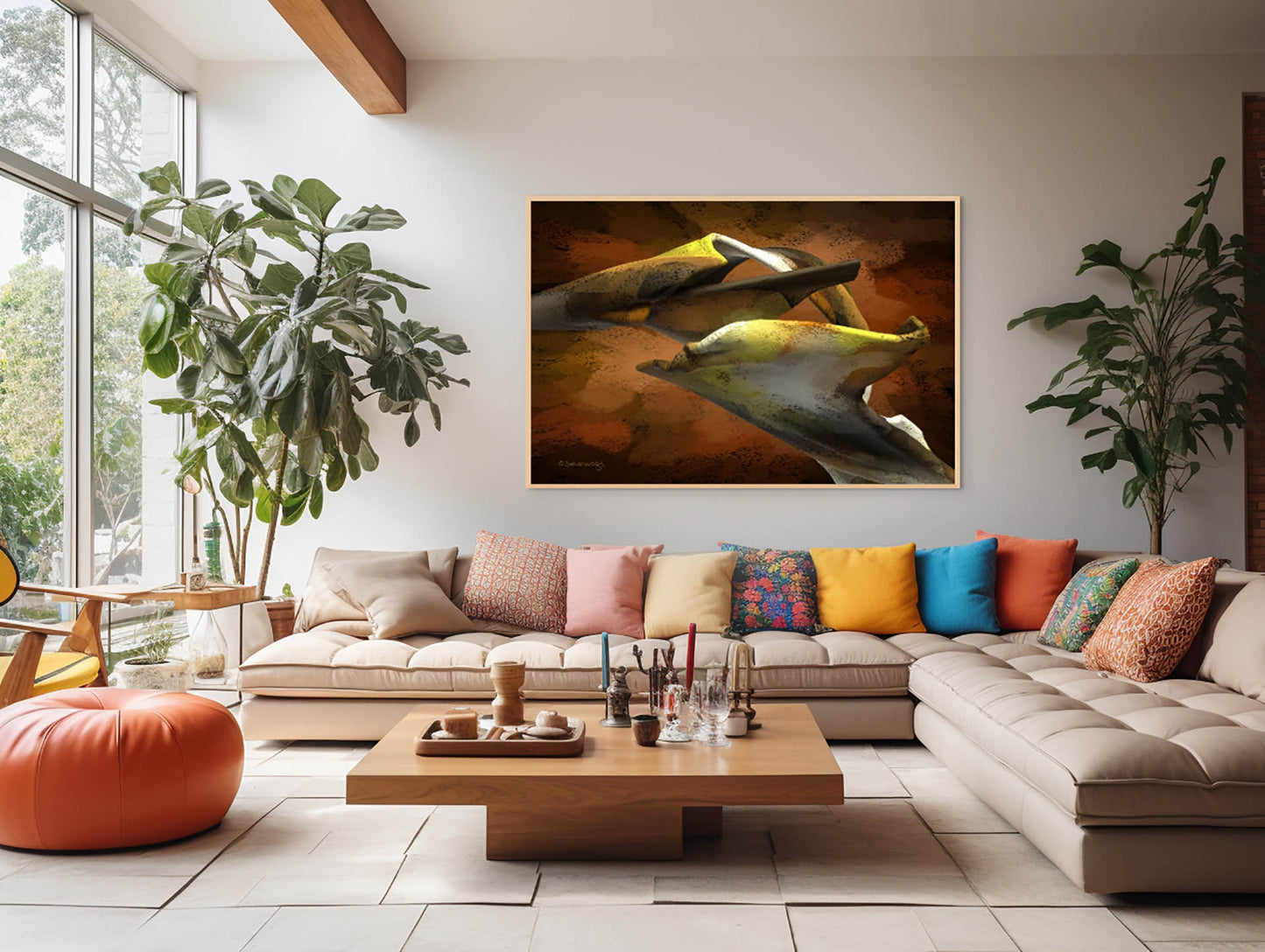A modern living room showcases a large L-shaped sofa with colorful cushions, a wooden coffee table, and a framed artwork of dolphins titled Floating Thoughts adorning the wall. Lush plants enhance the decor, while natural light streams through tall windows.