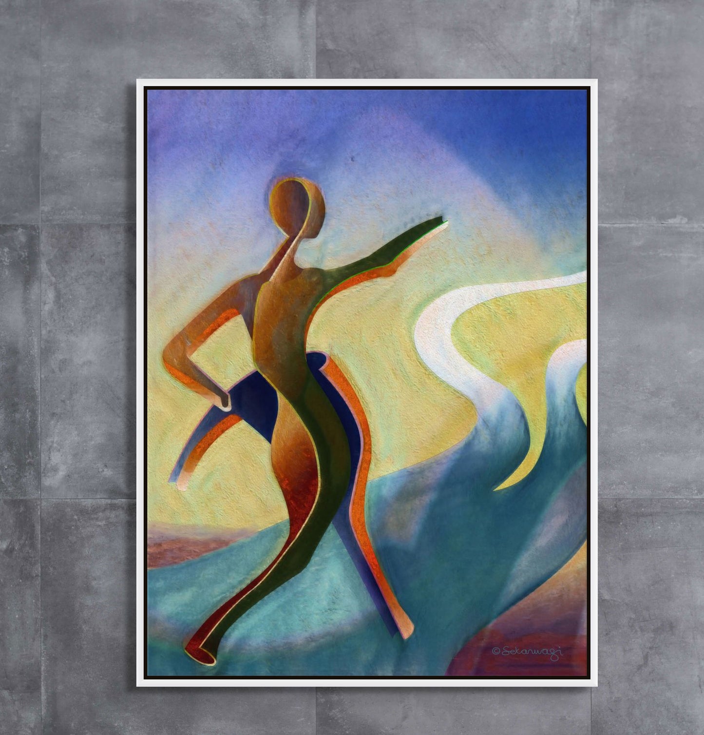 Fork In The Road - Canvas Art features a dynamic abstract figure in motion, with colorful flowing shapes. Blue and yellow hues add depth and energy, making it an ideal choice for inspirational interior design. This framed artwork is beautifully displayed on a textured wall.