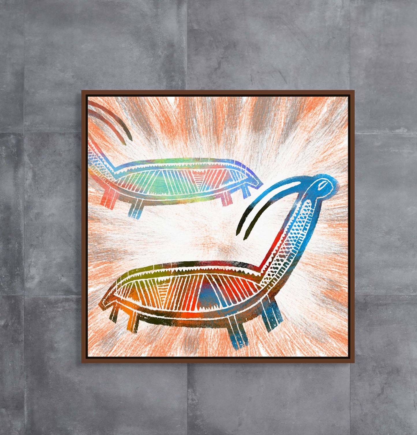 The Goats canvas art print features abstract, colorful turtle-like figures with geometric patterns inspired by African art, set against a textured, light background. Displayed on a gray, tiled wall for custom flair.