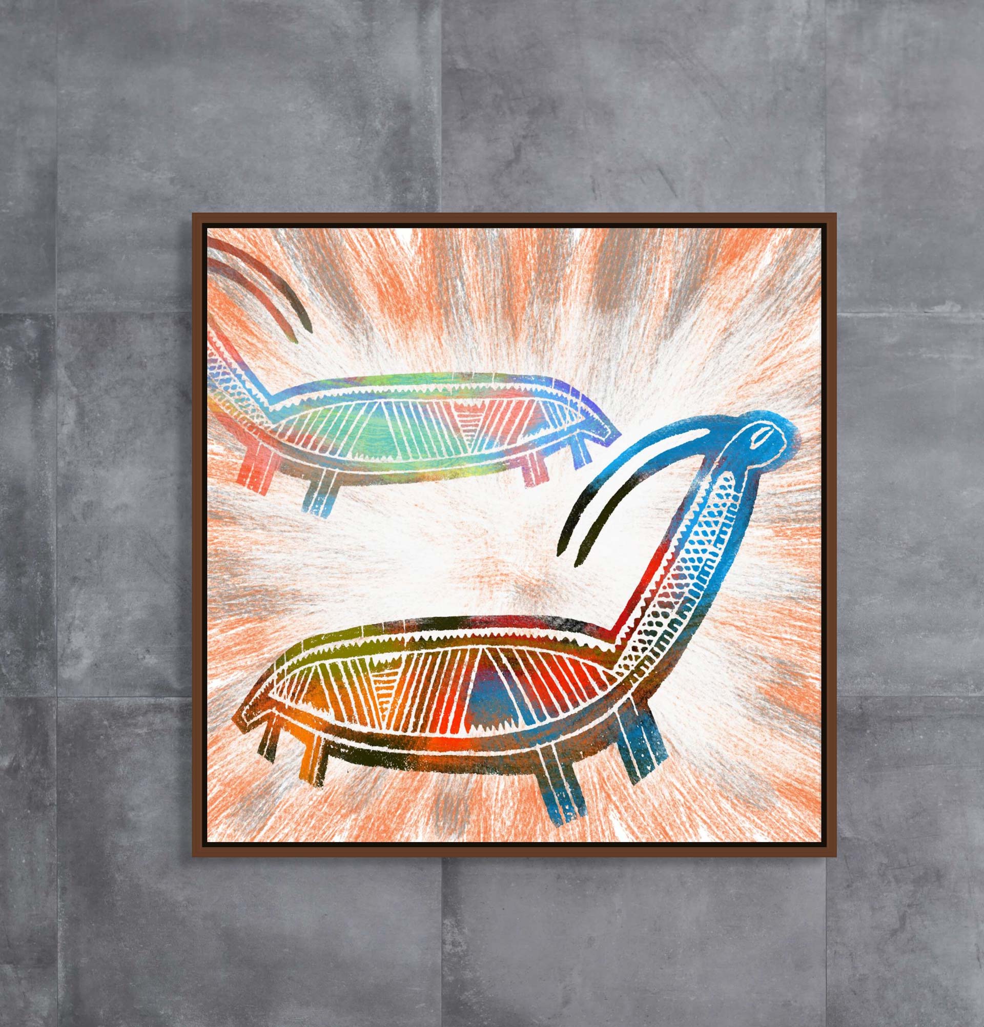 The Goats canvas art print features abstract, colorful turtle-like figures with geometric patterns inspired by African art, set against a textured, light background. Displayed on a gray, tiled wall for custom flair.