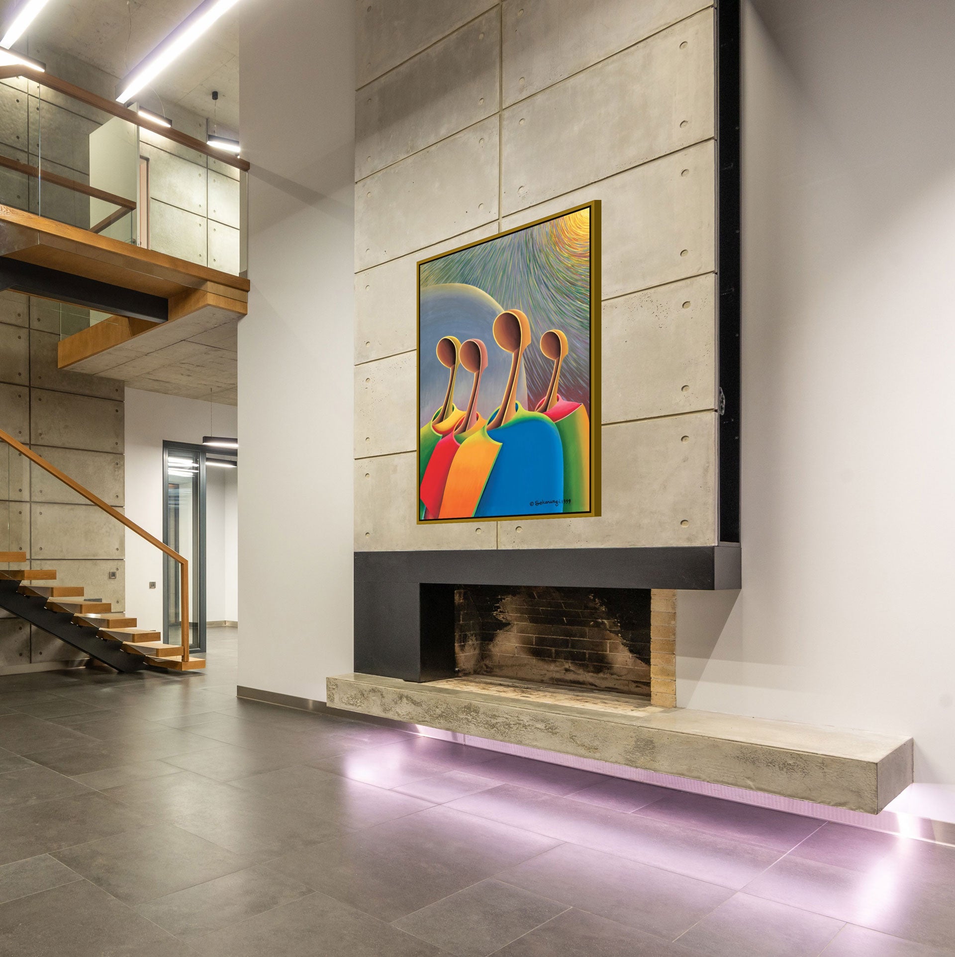 A modern interior features concrete walls, a suspended staircase, and Great Expectations - Canvas Art in a gallery wrap style above a minimalist fireplace. With sleek finishes and a blend of industrial and contemporary elements, the room offers art thats ready to hang for instant elegance.