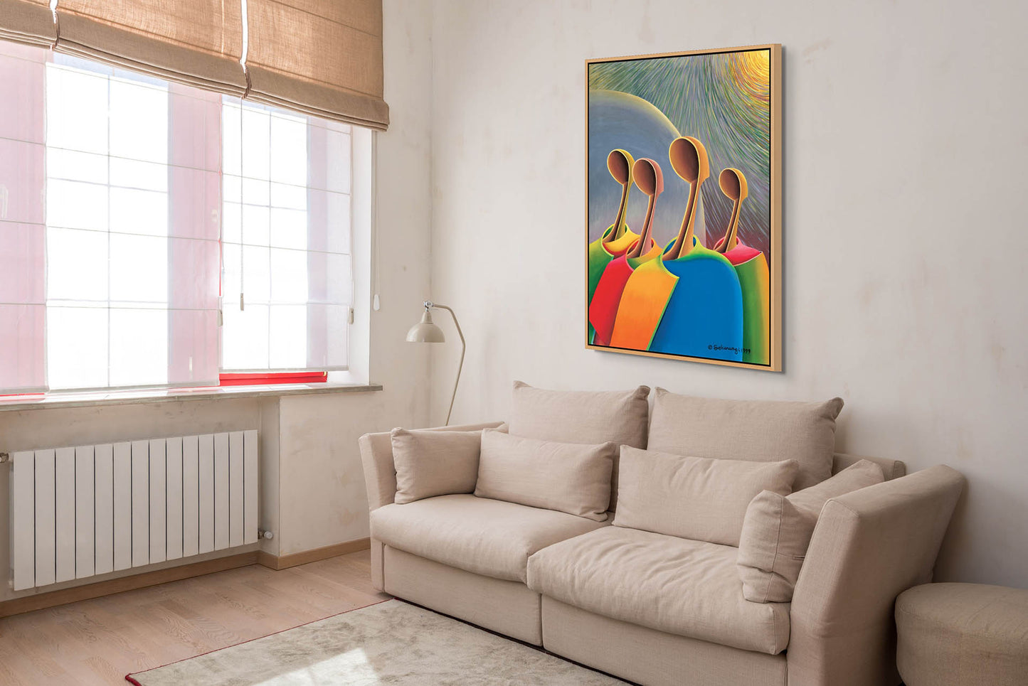 A cozy living room features a beige sofa with pillows and a small lamp. The wall displays Great Expectations canvas art in a gallery wrap style, depicting abstract figures. Daylight filters through large window blinds, providing soft illumination.