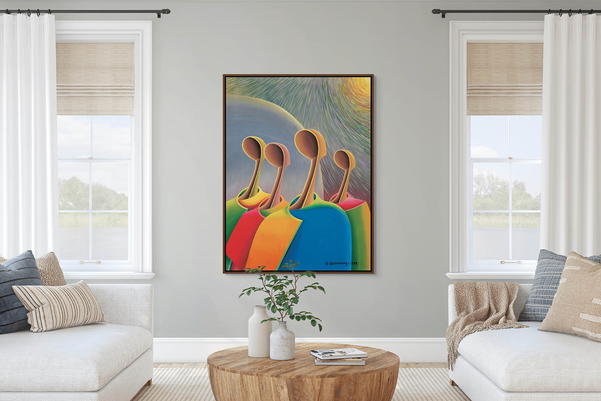 A modern living room showcases Great Expectations - Canvas Art, a vibrant, gallery-wrapped print featuring four stylized figures. Its centered between windows with beige roman shades and complements the neutral furnishings and small plant on the wooden coffee table.