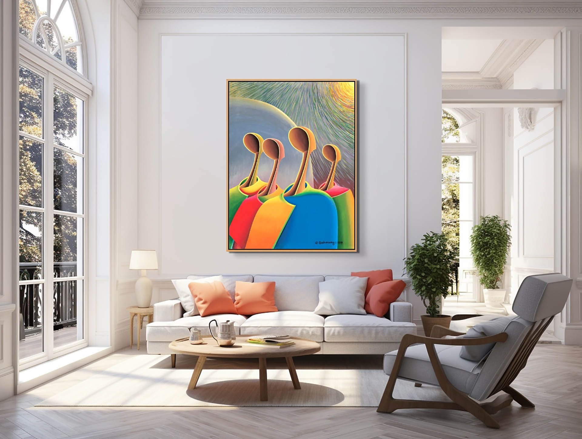 A modern living room displays Great Expectations - Canvas Art, a large, ready-to-hang abstract painting of colorful figures on the white wall. The gallery wrap enhances the decor, which includes a white sofa, orange and white cushions, a round coffee table, and a wooden chair amidst natural light and greenery outside.