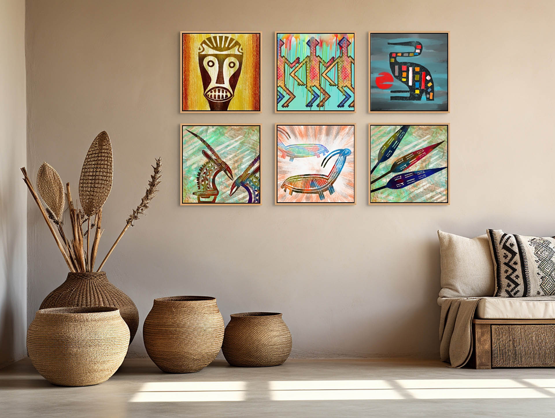 A minimalist living room features woven baskets, a cushioned sofa, and six vibrant abstract paintings. The wall is adorned with Antelopes - Canvas Art, a giclee print showcasing geometric designs. Earth-tone decor adds to the calm ambiance.
