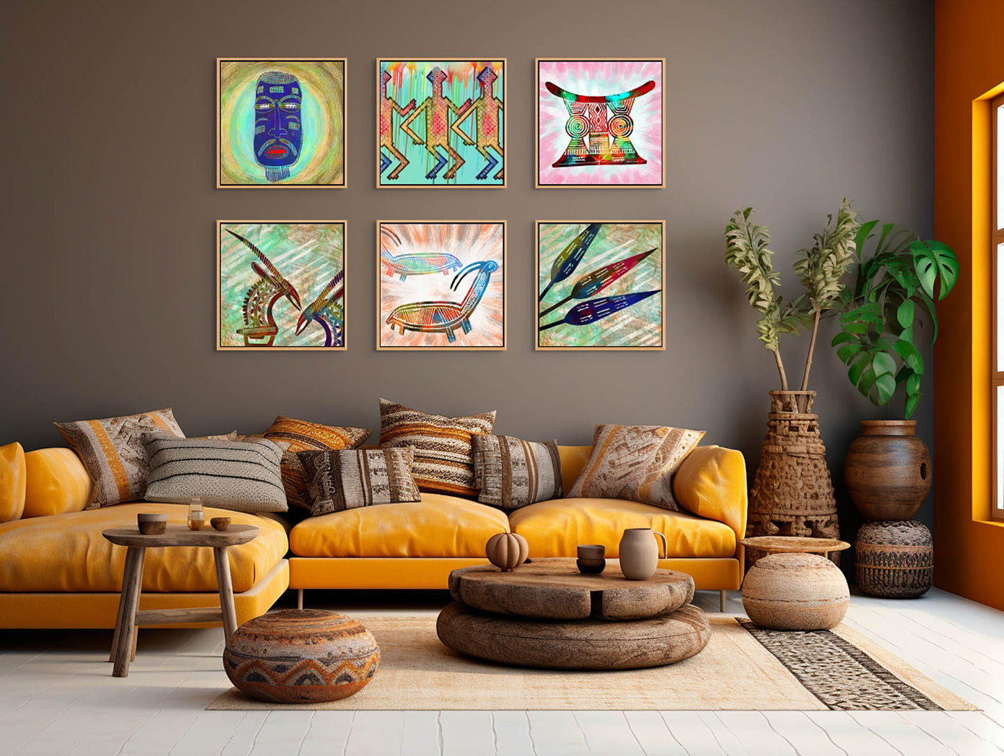 A cozy living room showcases a mustard-yellow sofa with patterned cushions. Six colorful abstract paintings, among them the Blue Mask - Canvas Art by an African artist, grace the taupe wall. Wooden furniture, woven baskets, and green plants contribute to the bohemian vibe.