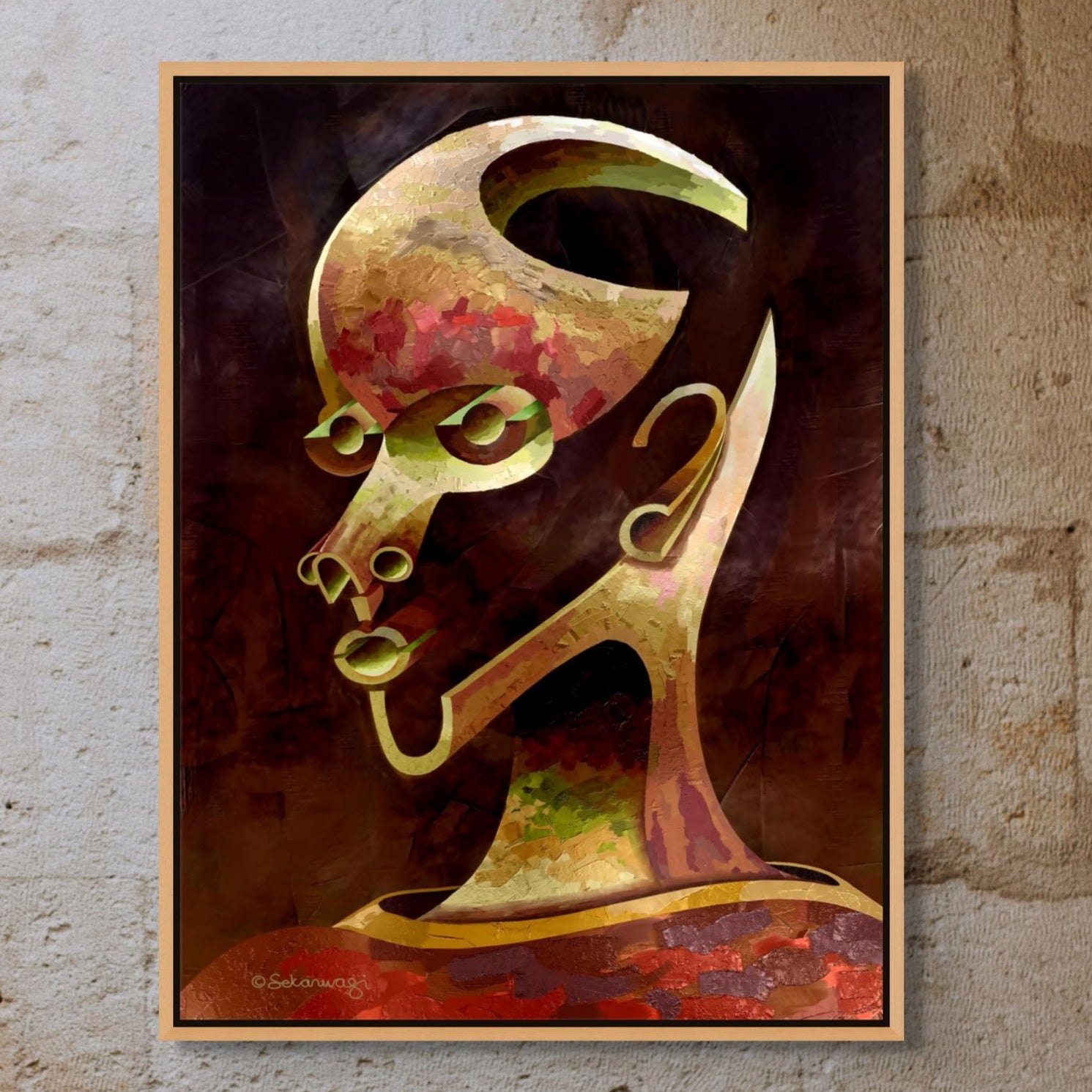 Is What You See What You Get? - Canvas Art features a stylized human side profile with exaggerated traits and long, flowing lines. Set in a gallery wrap style against a textured stone wall, this abstract piece is dominated by rich earth tones.