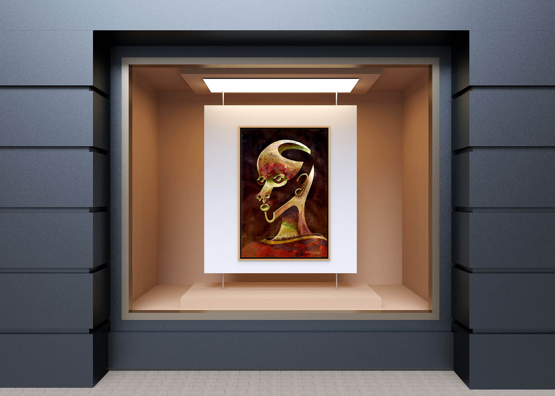 The canvas art titled Is What You See What You Get? showcases an abstract painting of a stylized human profile, placed on a modern recessed gallery wall. It features bold colors and curved lines resembling a three-dimensional being in a sleek, minimalist setting with soft lighting.