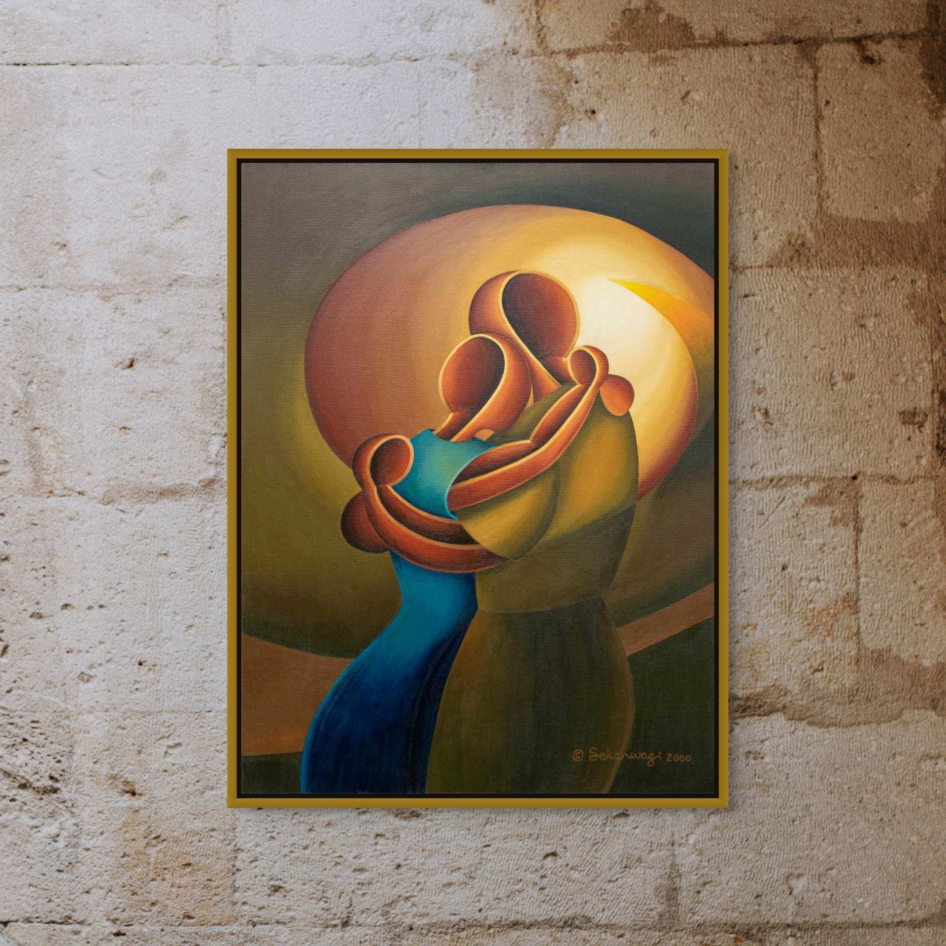 The Love Me Tender canvas art, featuring contemporary African figures of a couple and child in orange, brown, and green tones with smooth, flowing lines, hangs on a textured stone wall, making it perfect for modern living.