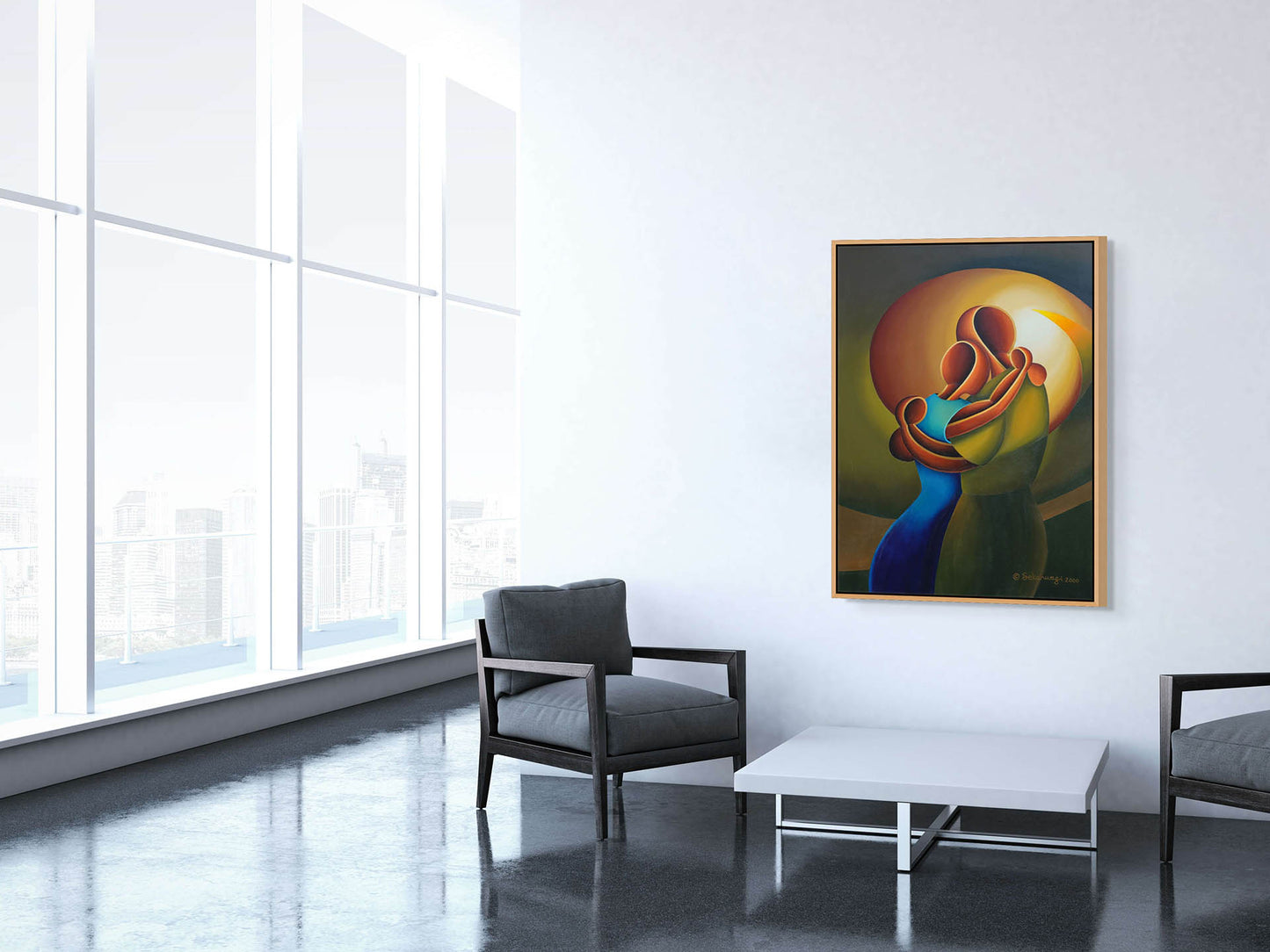 A modern living room with large windows, two gray armchairs, and a white coffee table features the Love Me Tender - Canvas Art, a vibrant abstract painting of two dancing figures on the white wall, adding a splash of color to the minimalist decor.