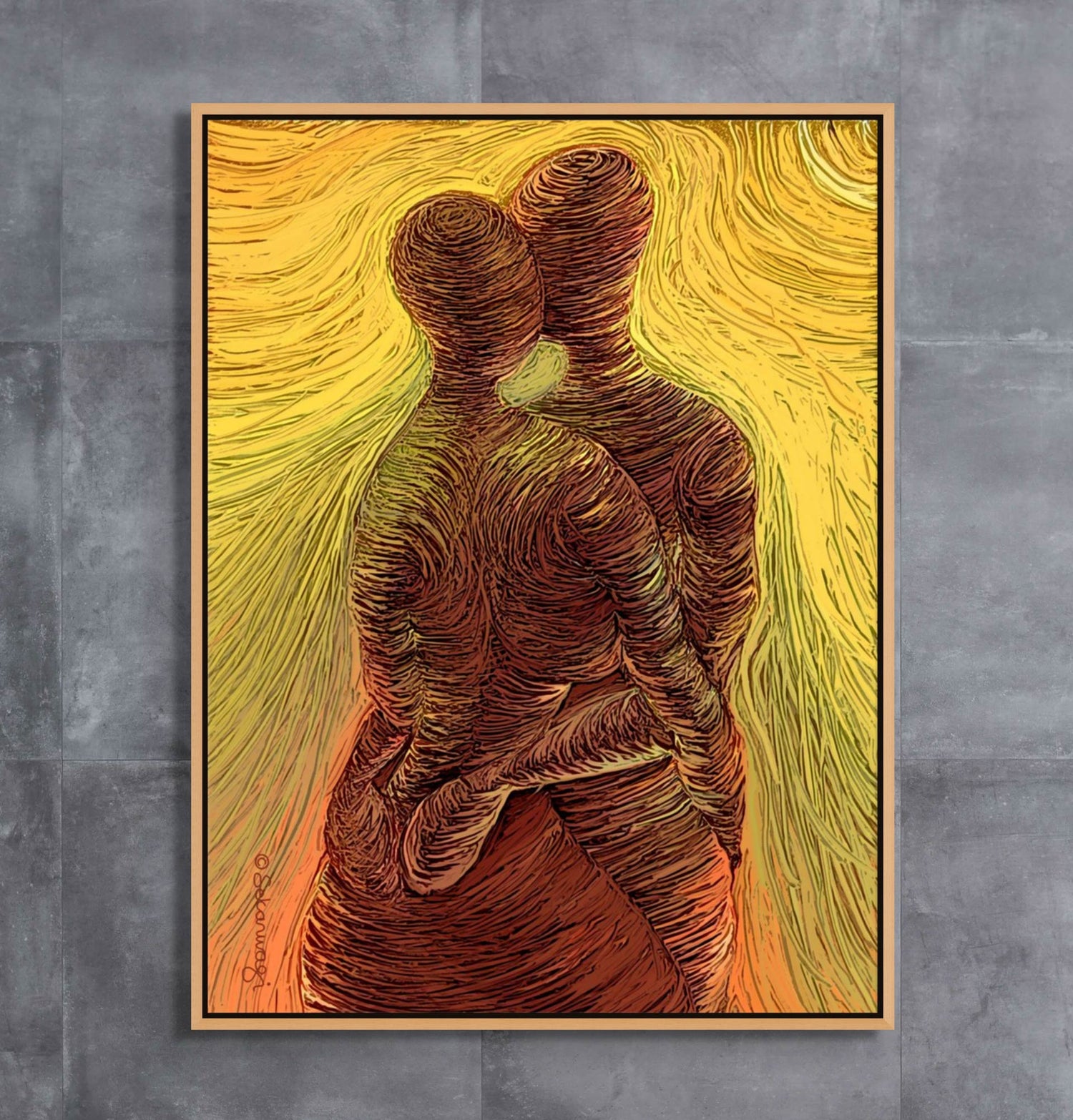 The Loving Me, Loving You - Canvas Art features two intertwined figures on a swirling yellow and orange backdrop. Crafted on premium cotton canvas, the textured, featureless figures evoke closeness and unity.