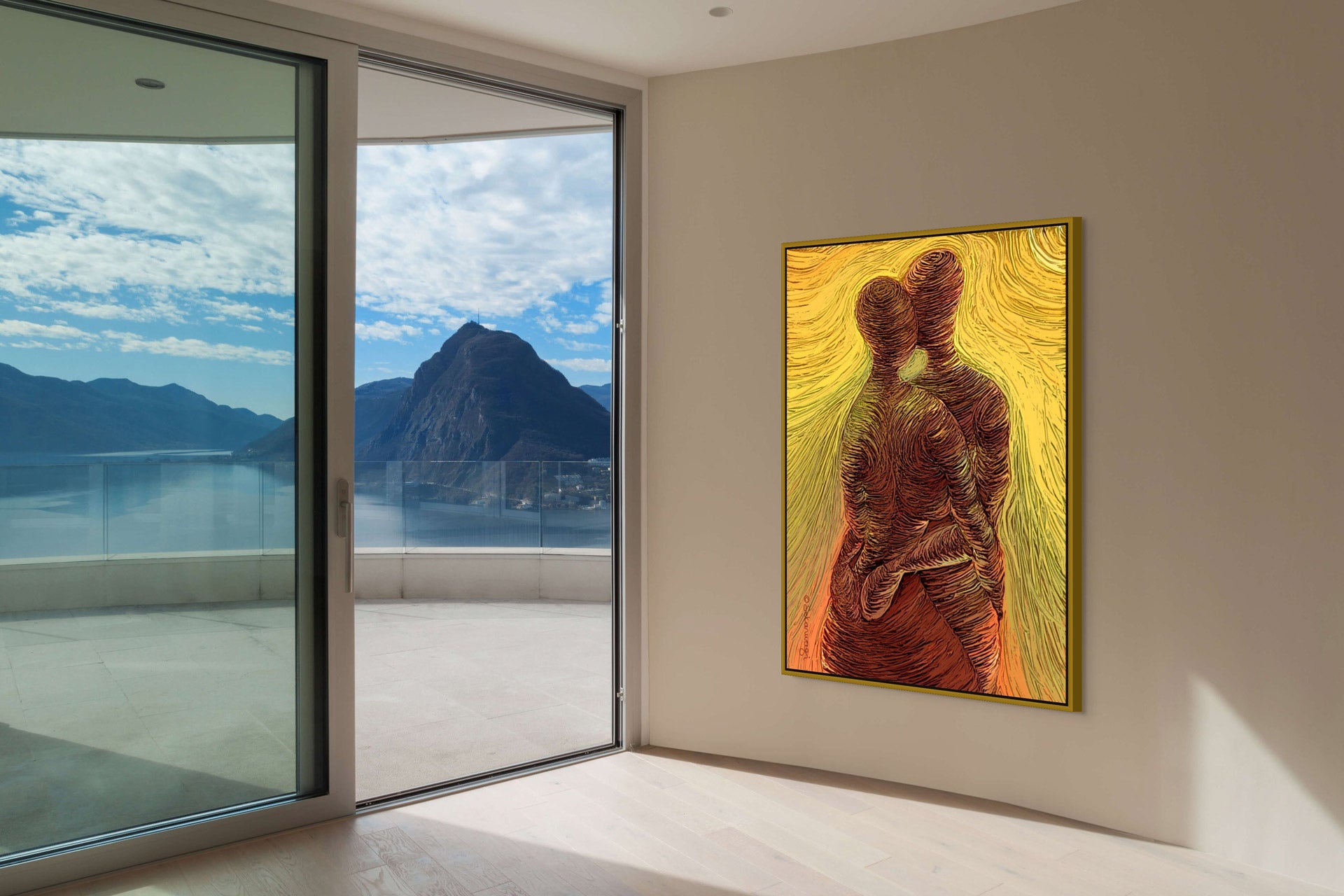 A modern, minimalistic room with a large window showcasing scenic mountains and a lake is adorned by Loving Me, Loving You - Canvas Art, a vibrant giclee print of abstract intertwined figures in warm hues on premium cotton canvas.