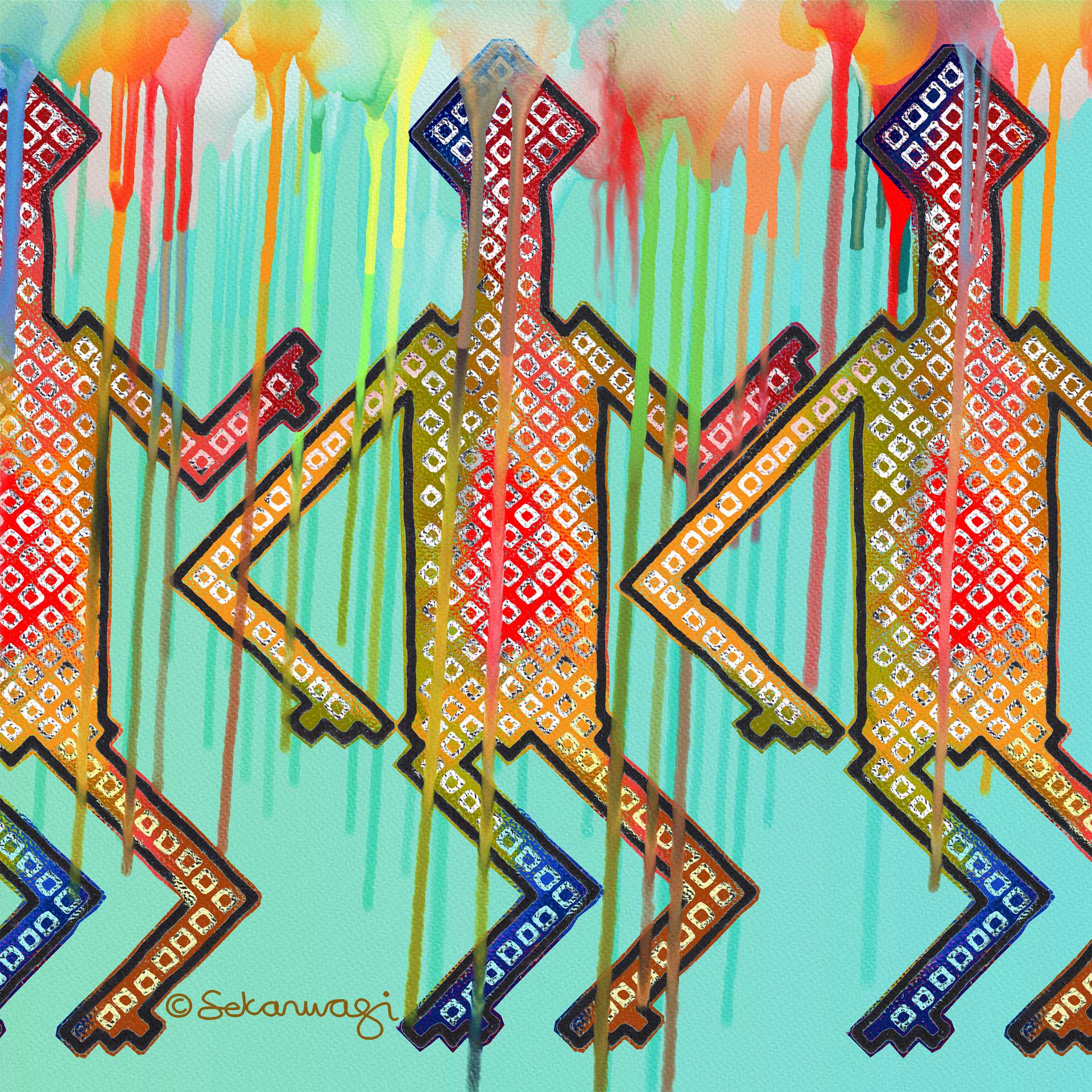 Colorful geometric humanoid figures with patterned designs, draped with vibrant dripping paint, are set against a teal background—perfect as contemporary African art prints on canvas.