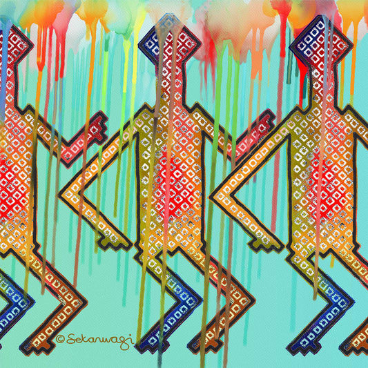 Colorful geometric humanoid figures with patterned designs, draped with vibrant dripping paint, are set against a teal background—perfect as contemporary African art prints on canvas.