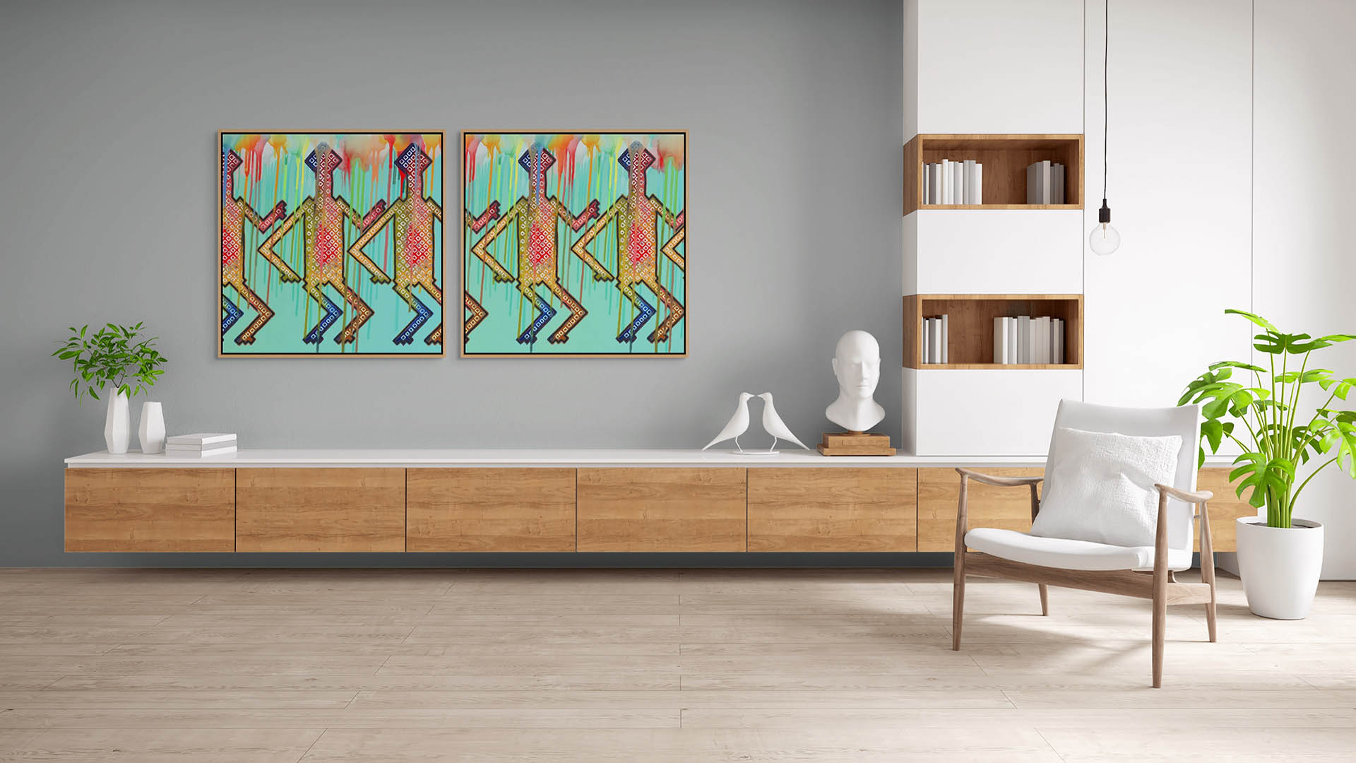 A modern living room showcases a wooden floating sideboard, two vibrant Men Being Men - Canvas Art pieces on a gray wall, and a white armchair. Shelves adorned with decorative items and a potted plant enhance the space. Neutral tones contribute to the calm and stylish atmosphere.