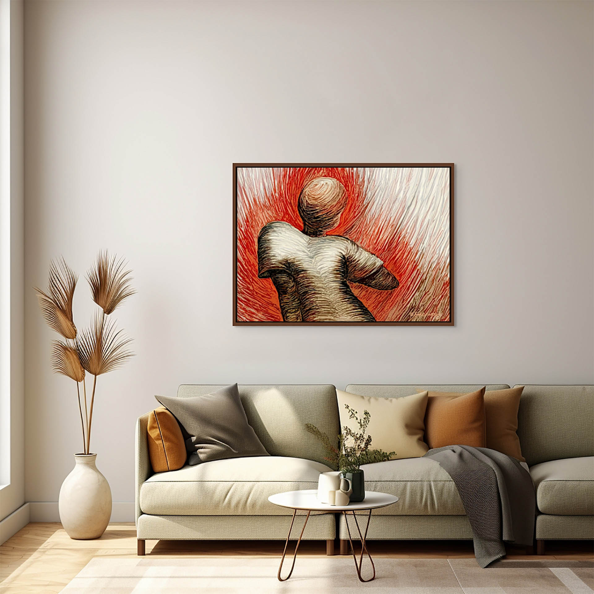 A modern living room features a light gray sofa with cushions, a small round coffee table, and a tall vase of dried plants. The centerpiece above the sofa is Musing - Canvas Art, a vibrant abstract print in bold red and earthy tones, beautifully transforming the space.