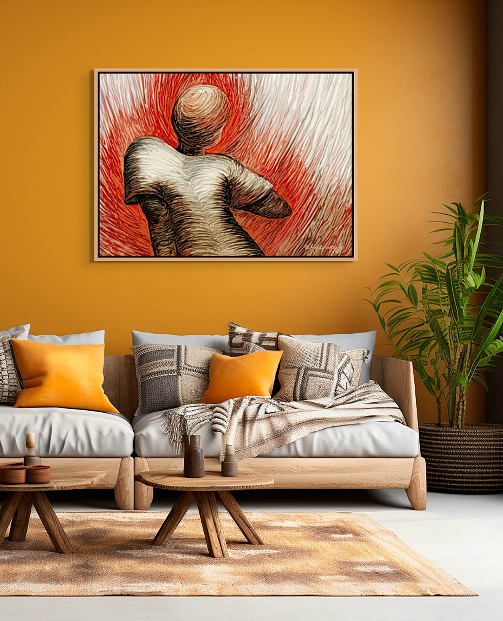 A modern living room with mustard yellow walls has a wooden sofa with gray and mustard cushions. The Musing canvas art print in red and beige hues enhances the space. A rug, plants, and a coffee table complete the decor. Enjoy FREE shipping on select items today!.