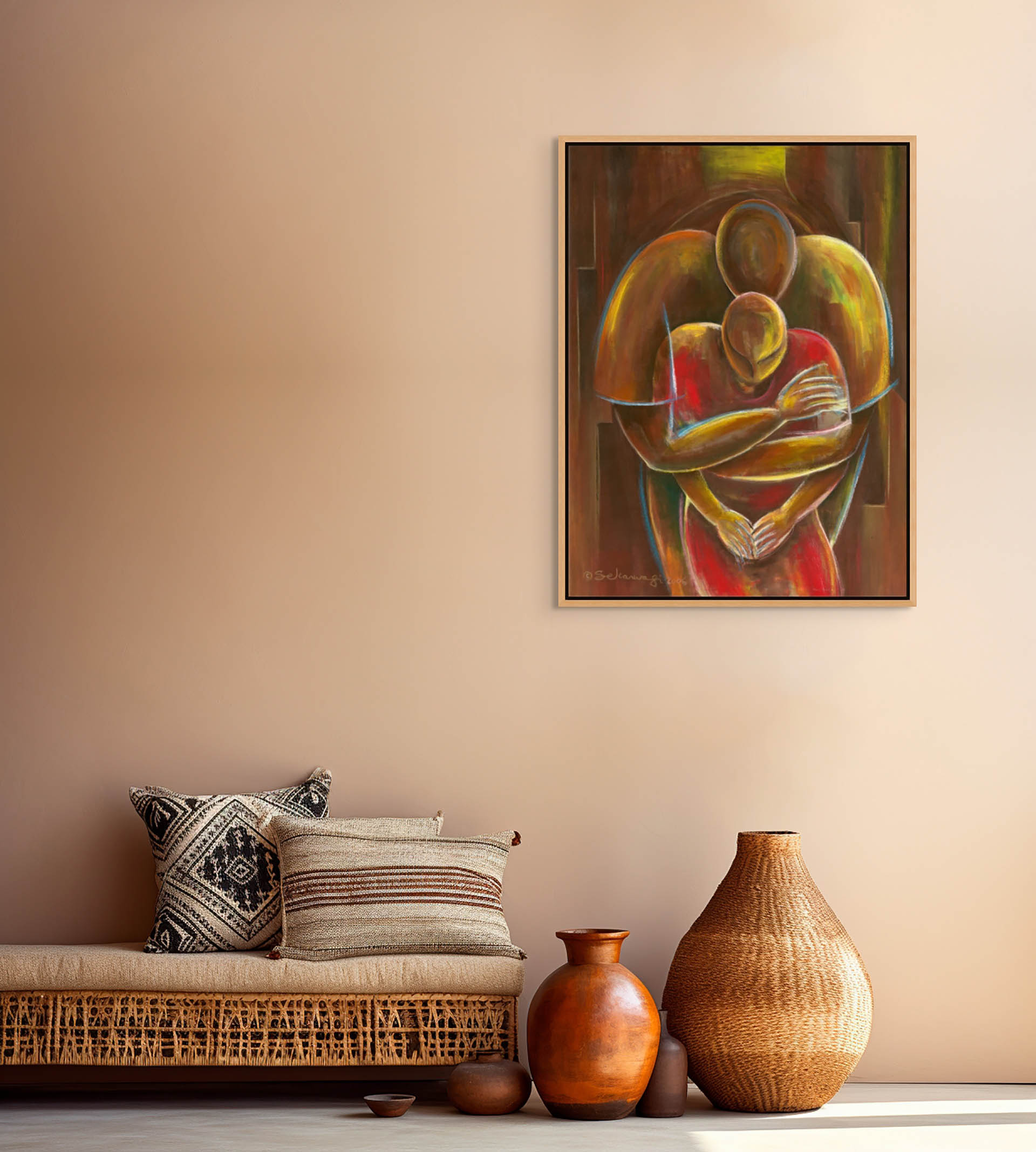 A minimalist interior includes a woven bench with patterned cushions and clay vases on the floor. Hanging above, the Nurturing canvas art features an abstract painting of two overlapping figures embracing against a neutral-colored wall.