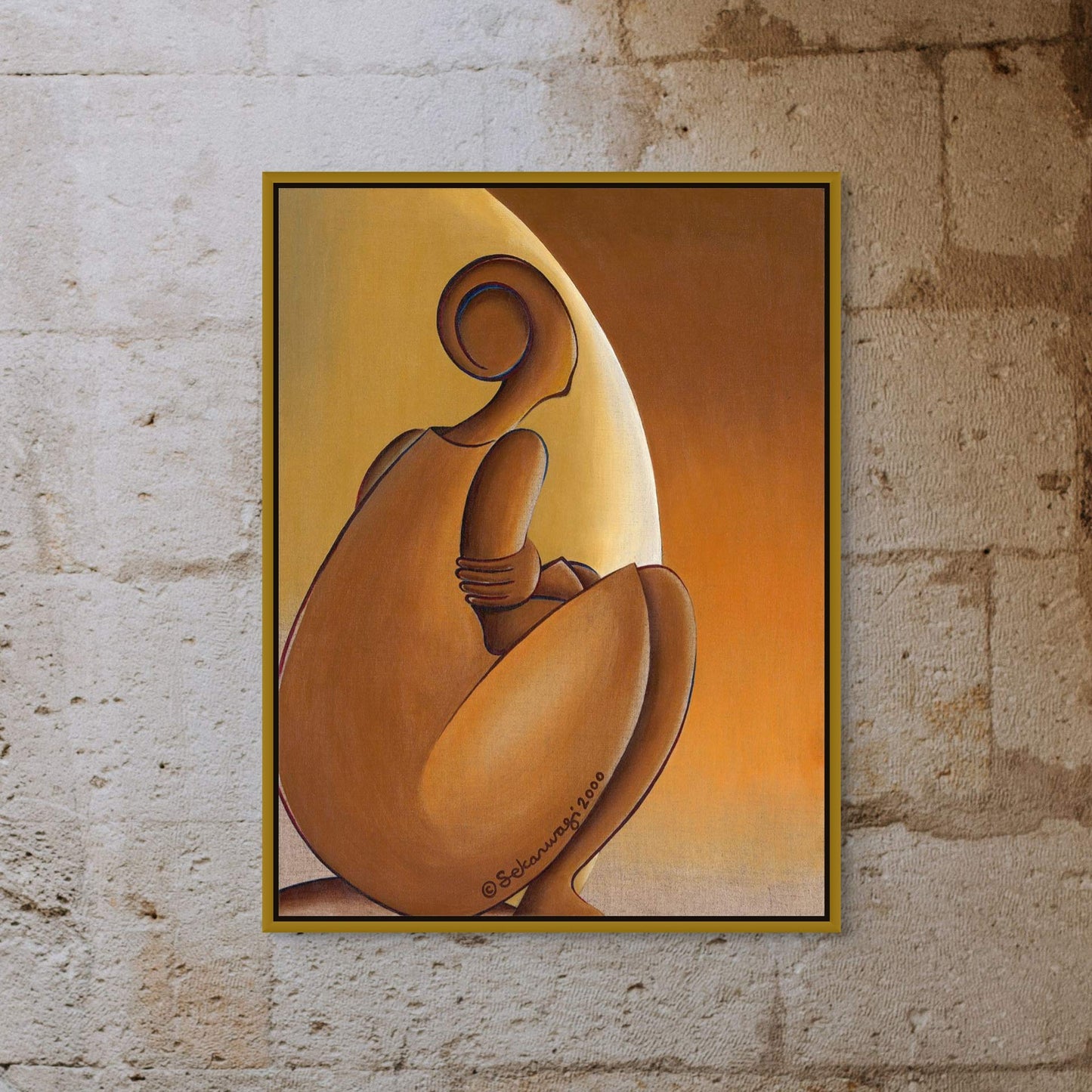 Patience - Contemporary African Art Print of an abstract seated figure with smooth, fluid lines, blending warm browns and oranges on premium cotton canvas. The figure faces a crescent shape against a textured stone wall, part of our exclusive giclee art collection.