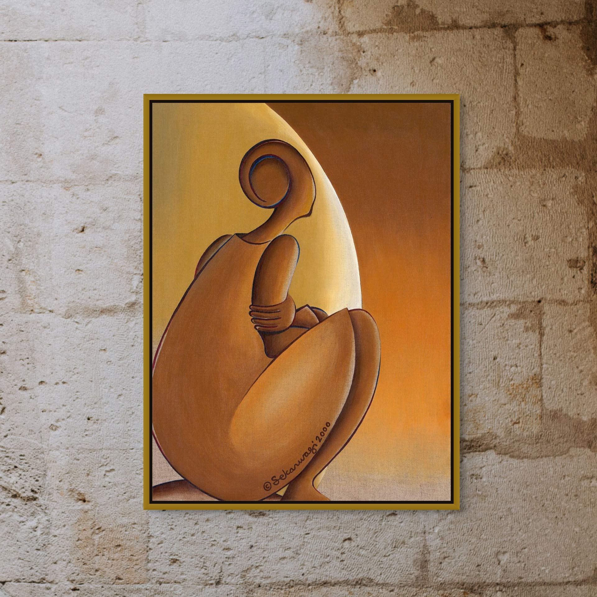 Patience - Contemporary African  Art Print of an abstract seated figure with smooth, fluid lines, blending warm browns and oranges on premium cotton canvas. The figure faces a crescent shape against a textured stone wall, part of our exclusive giclee art collection.