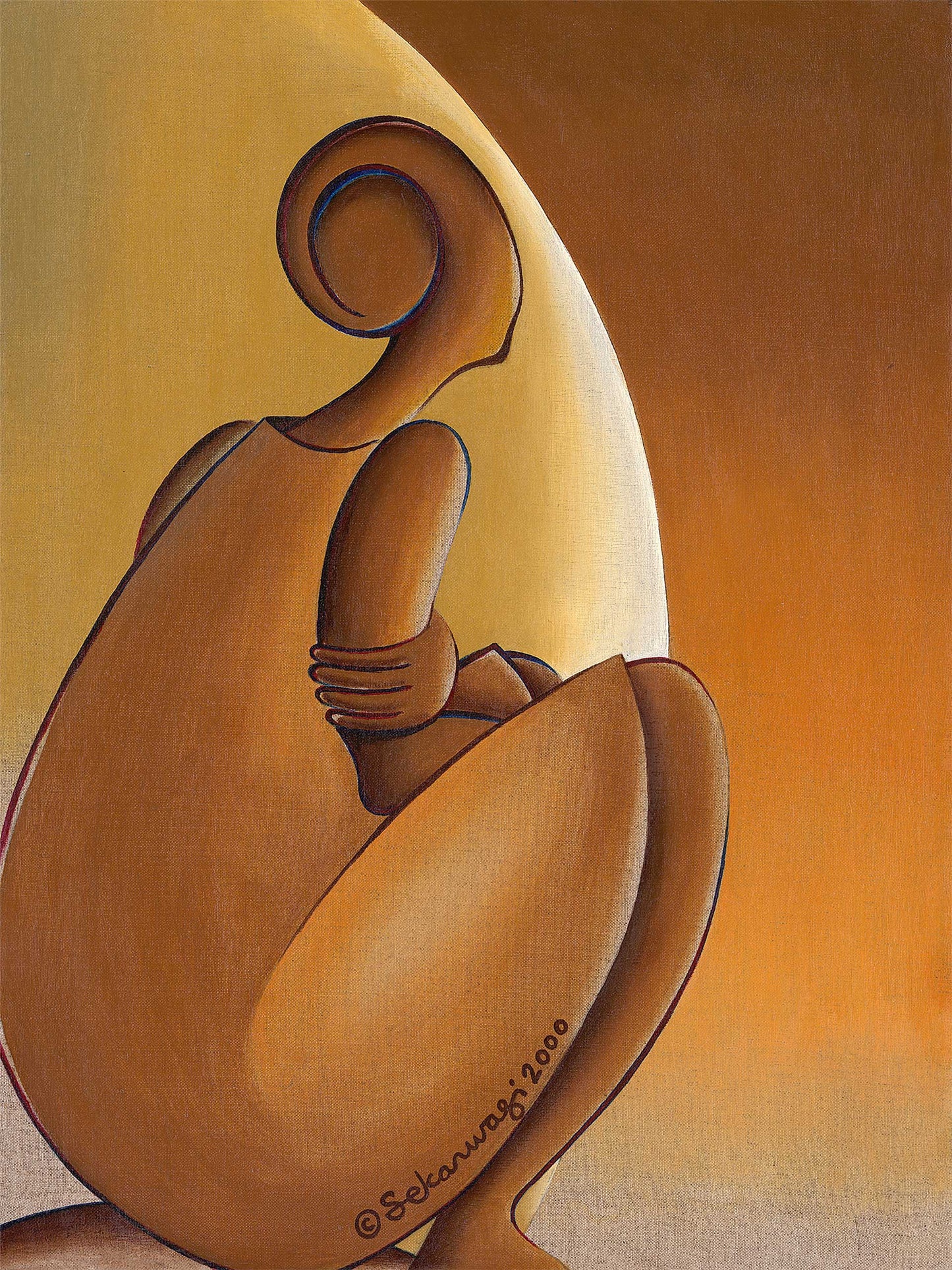 "Patience" art print on premium quality cotton canvas, is a minimalist abstract image of a seated woman facing away, blending into warm brown and ochre tones with smooth lines and round shapes creating a serene and contemplative atmosphere.