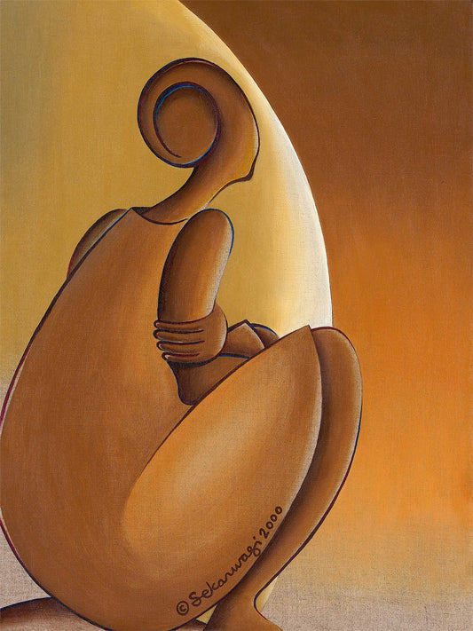 "Patience" art print  on premium quality cotton canvas, is a minimalist abstract image of a seated  woman facing away, blending into warm brown and ochre tones with smooth lines and round shapes creating a serene and contemplative atmosphere.