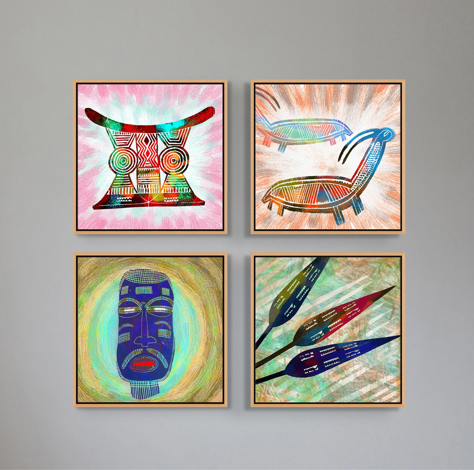 Four abstract, colorful pieces titled Blue Mask - Canvas Art hang on a gray wall. Painted on an African artist canvas, these artworks feature bold patterns of faces and plants, blending vibrant colors using eco-solvent inks for intricate designs in square frames.