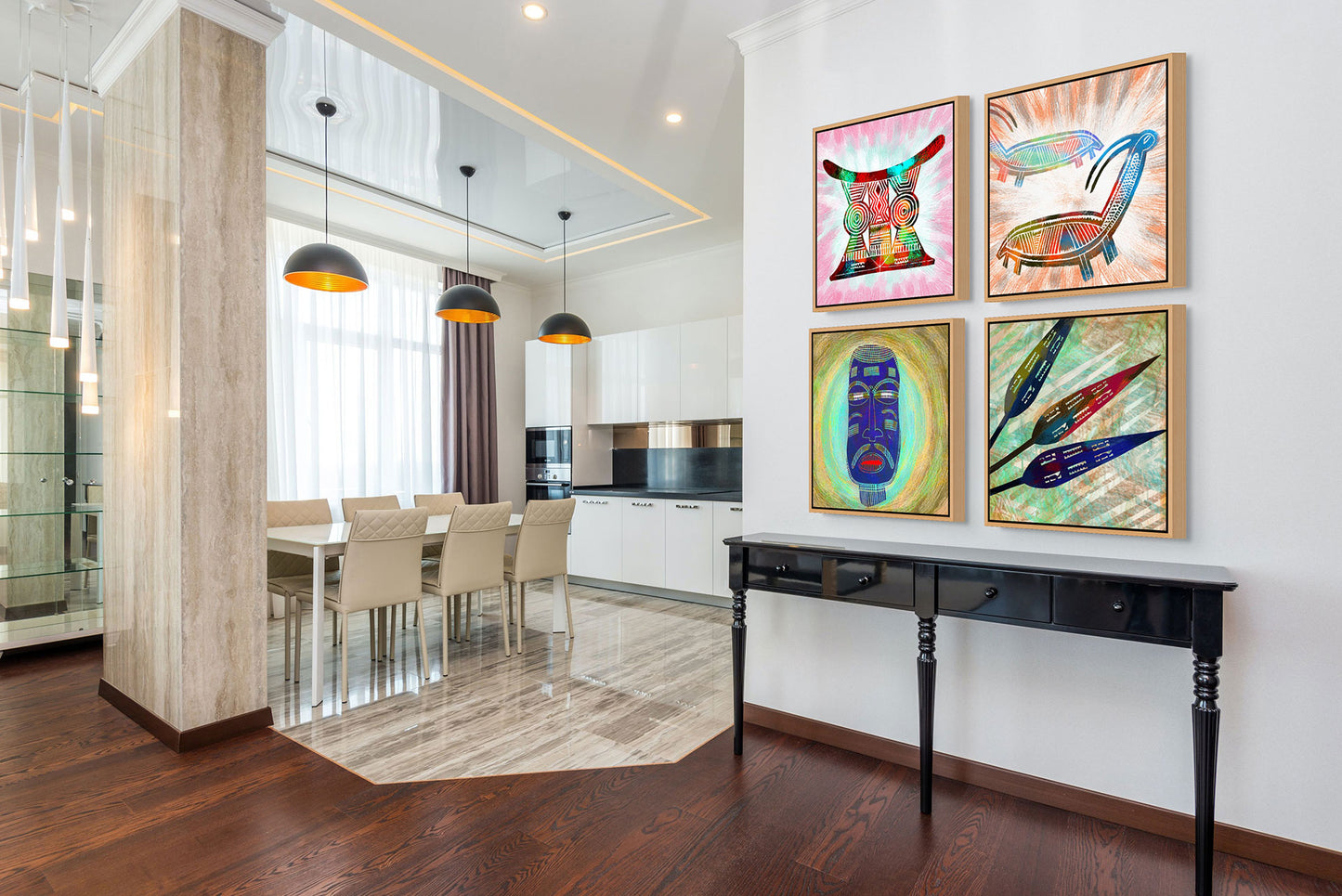A modern dining room with a black table features vibrant Canvas Art on the wall, wooden flooring, and beige chairs. A sleek kitchen area boasts white cabinets and black accents, all illuminated by hanging lights.
