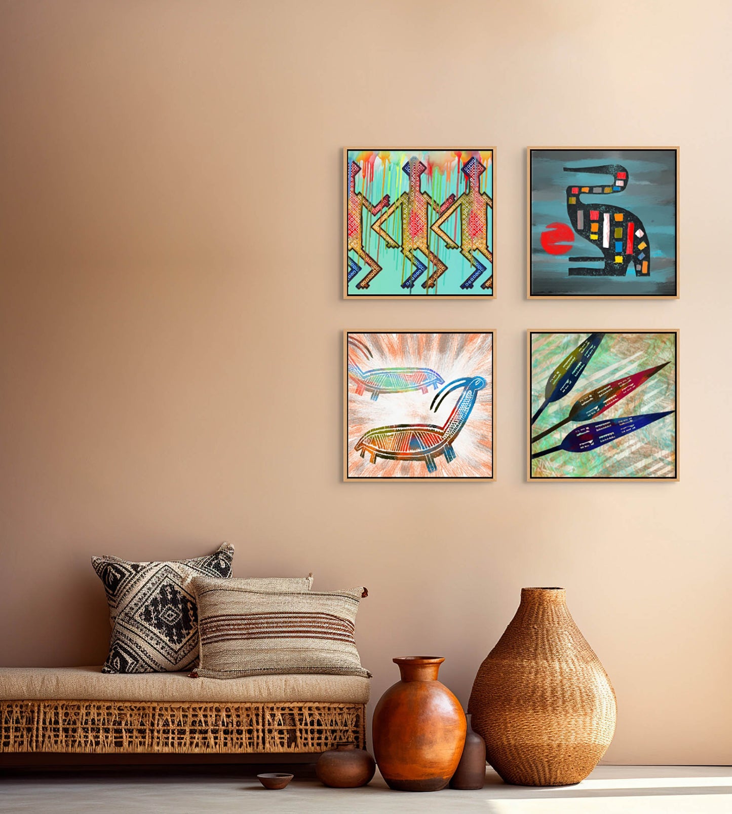 A modern living room with a beige wall features four colorful Spearheads canvas art prints. Below, a woven bench displays patterned cushions, while three earthenware pots on the floor enhance the cozy, artistic atmosphere with ready-to-hang artwork.