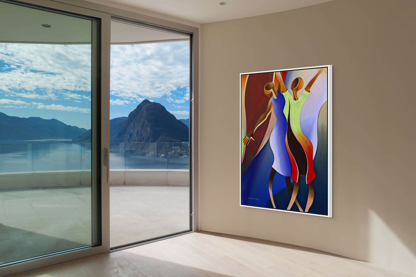 The Reaching For The Sky - Canvas Art, featuring abstract figures dancing, is displayed on a curved wall. Its ready-to-hang and enhances large glass doors leading to a balcony with breathtaking mountain and lake views under a partly cloudy sky.