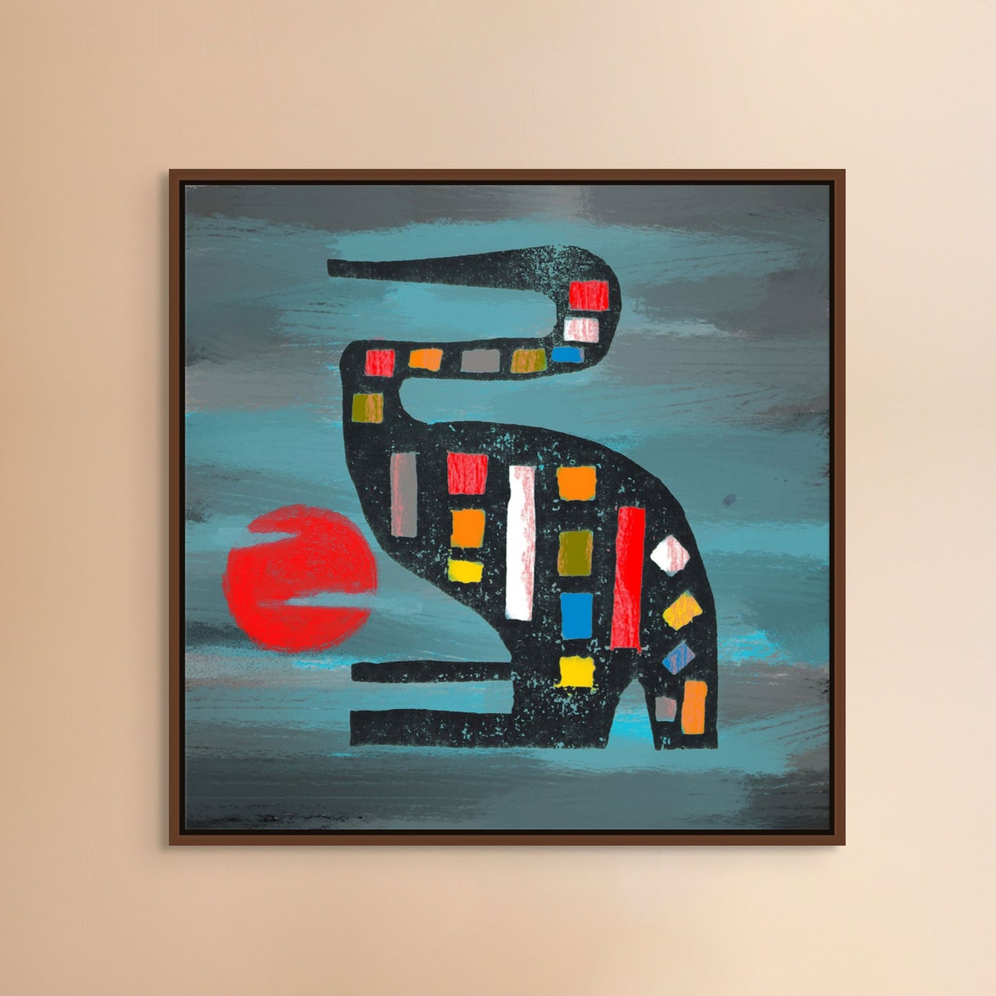 The Seated Crane - Contemporary African Design Canvas Art Print features a stylized bird with colorful geometric patterns, reflecting African art. The blue and gray textured background enhances the red sun shape. Printed with eco-solvent inks on canvas, it is elegantly framed and wall-ready.