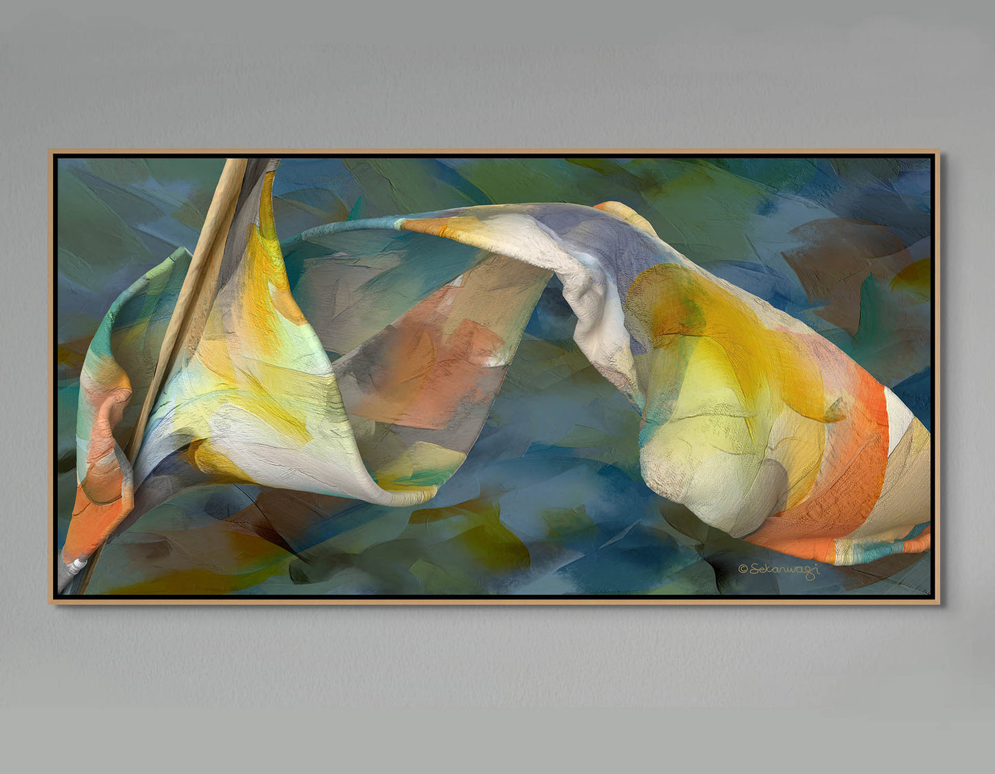 The Shape Of Unfolding Thought - Canvas Art features swirling blue, yellow, orange, and white shapes on a muted greenish-blue backdrop. It adds dynamic movement to any space and comes ready to hang with free shipping.
