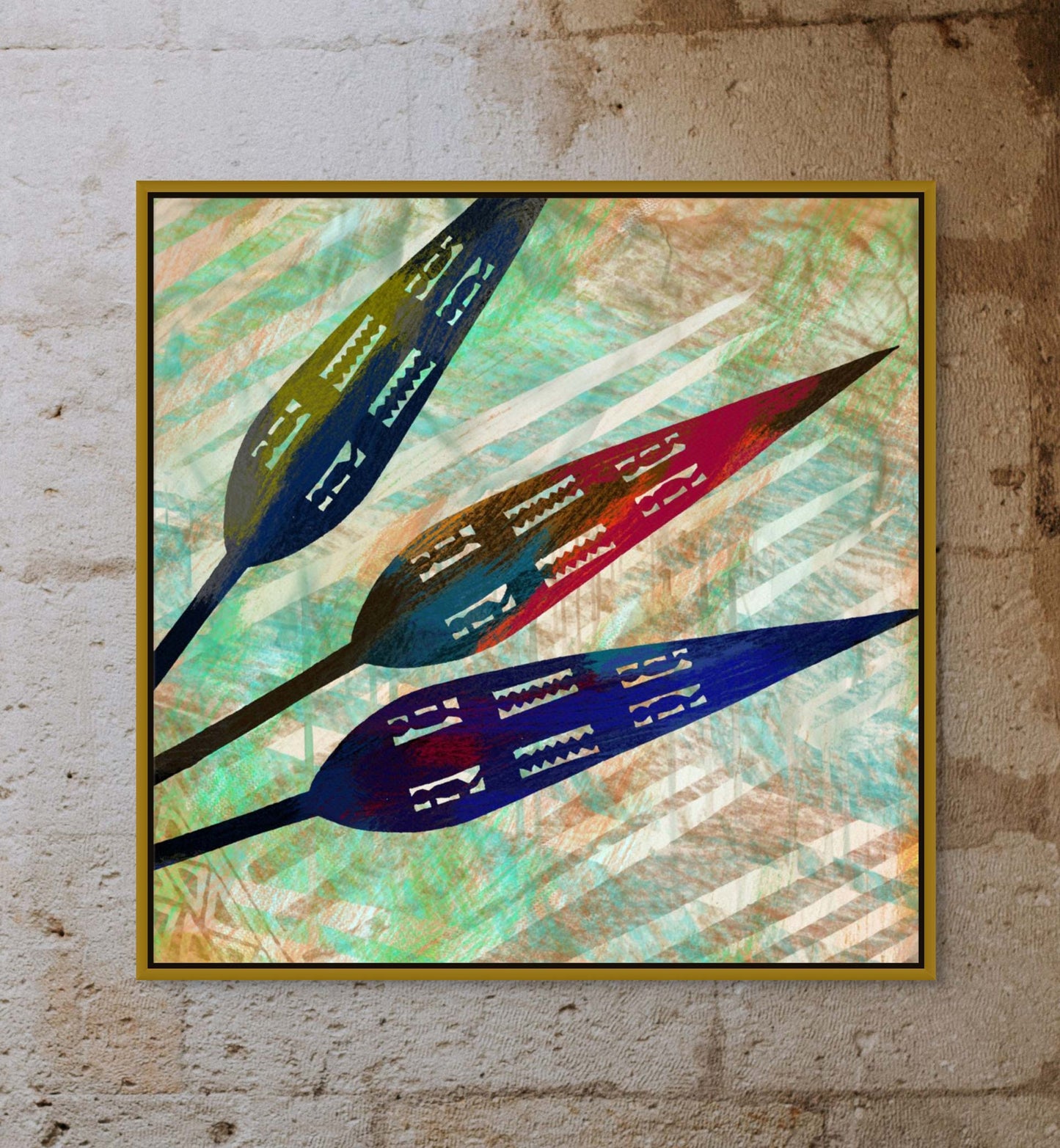 The Spearheads-Canvas Art features abstract leaf or feather-like shapes with geometric patterns, set against a textured turquoise and earth-toned backdrop with diagonal stripes. Elegantly framed in a slim dark border, this ready-to-hang piece is perfect for any space.