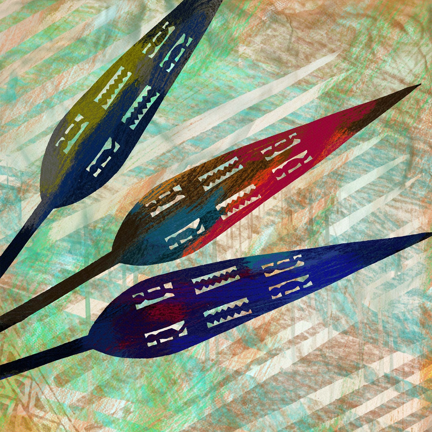 Spearheads- Canvas Art showcases abstract art with three overlapping elongated leaves with geometric cutouts in blue, green, and red. Set against a textured turquoise background with diagonal white stripes, this ready-to-hang piece makes it ideal canvas wall art for any space.