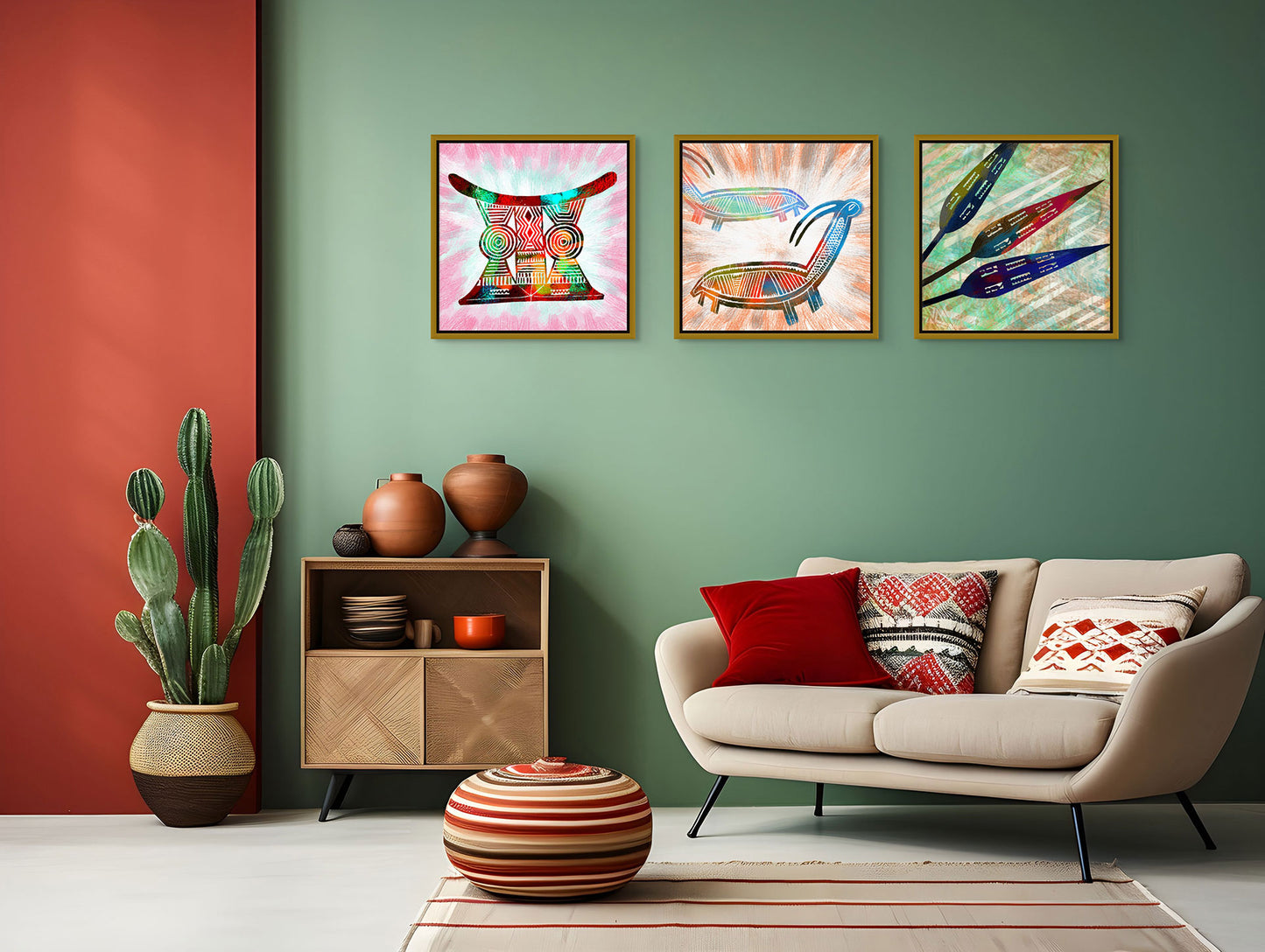 A modern living room showcases a beige couch with colorful pillows, a round striped ottoman, and a cactus. A wooden cabinet holds vases beneath Spearheads canvas art on the green and red accent wall.