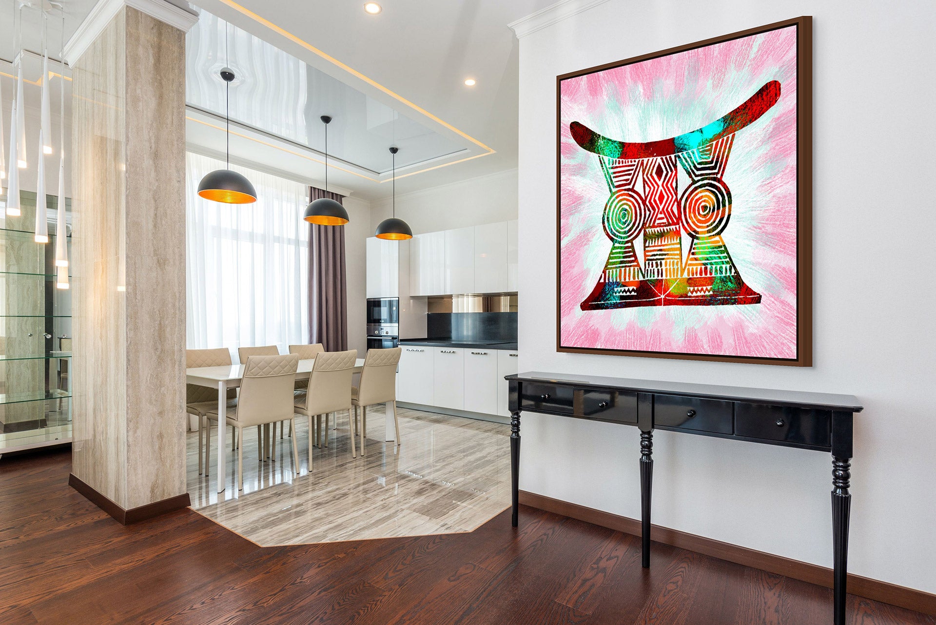 Modern dining area with Stool - Canvas Art on the wall, featuring a sleek black console table, beige chairs around the dining table, pendant lights above, and reflective surfaces. An elegant blend of wood and marble flooring ties it all together with hints of African art.