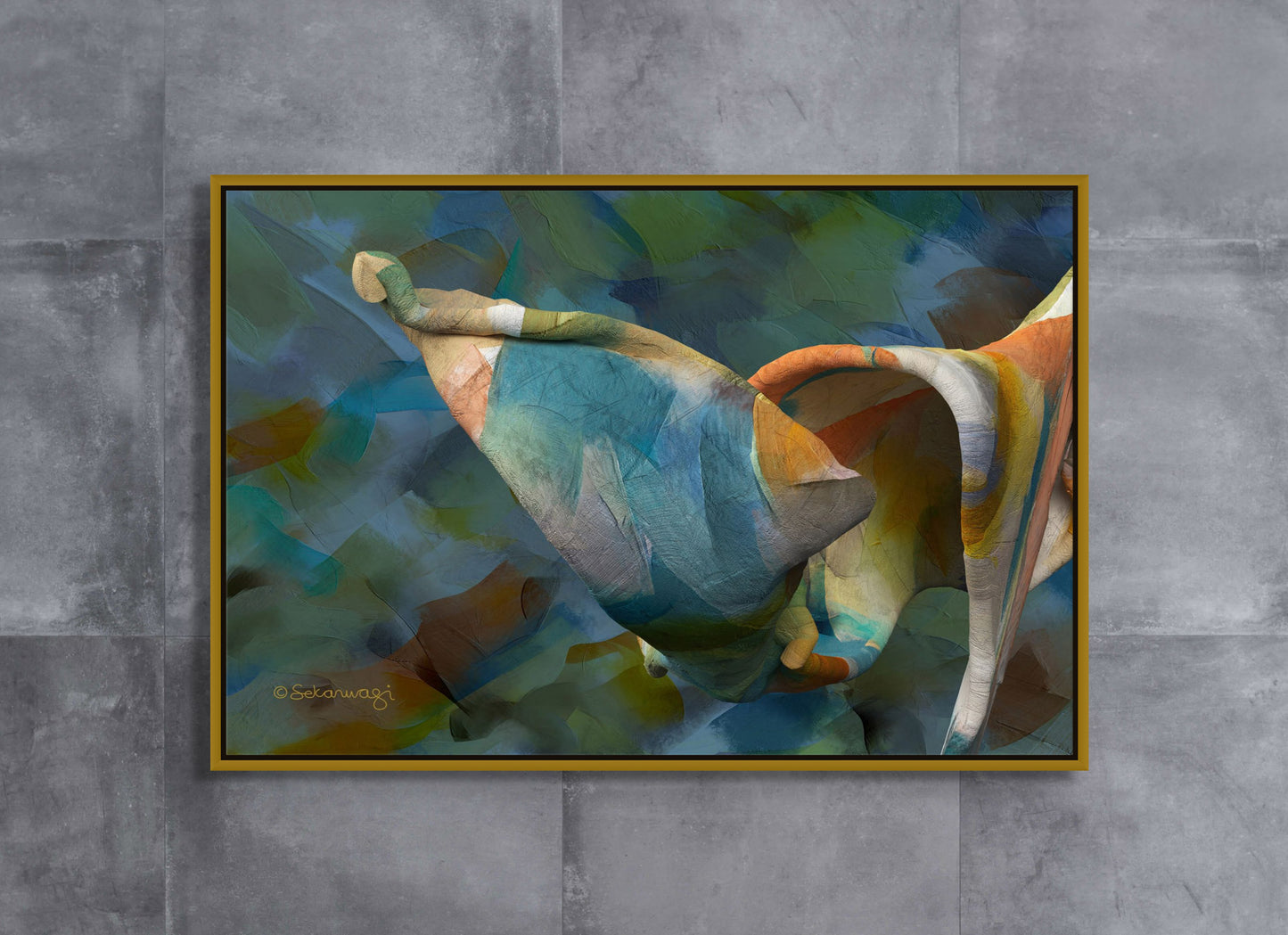 The Unfolding Thought canvas art, showcasing abstract shapes and swirls in blue, orange, and green, is elegantly displayed on premium cotton canvas against a textured gray wall.