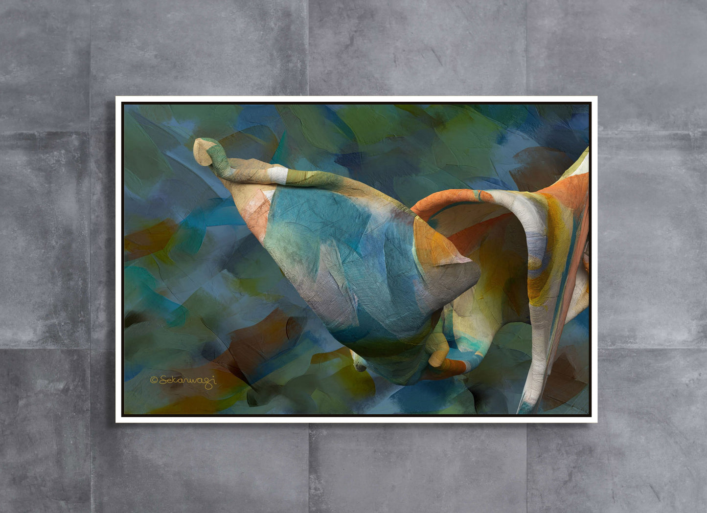 Art piece Unfolding Thought displays a swirl of blue, orange, and green on premium cotton canvas with a textured, fabric-like look. The framed image is set against a gray tiled wall.