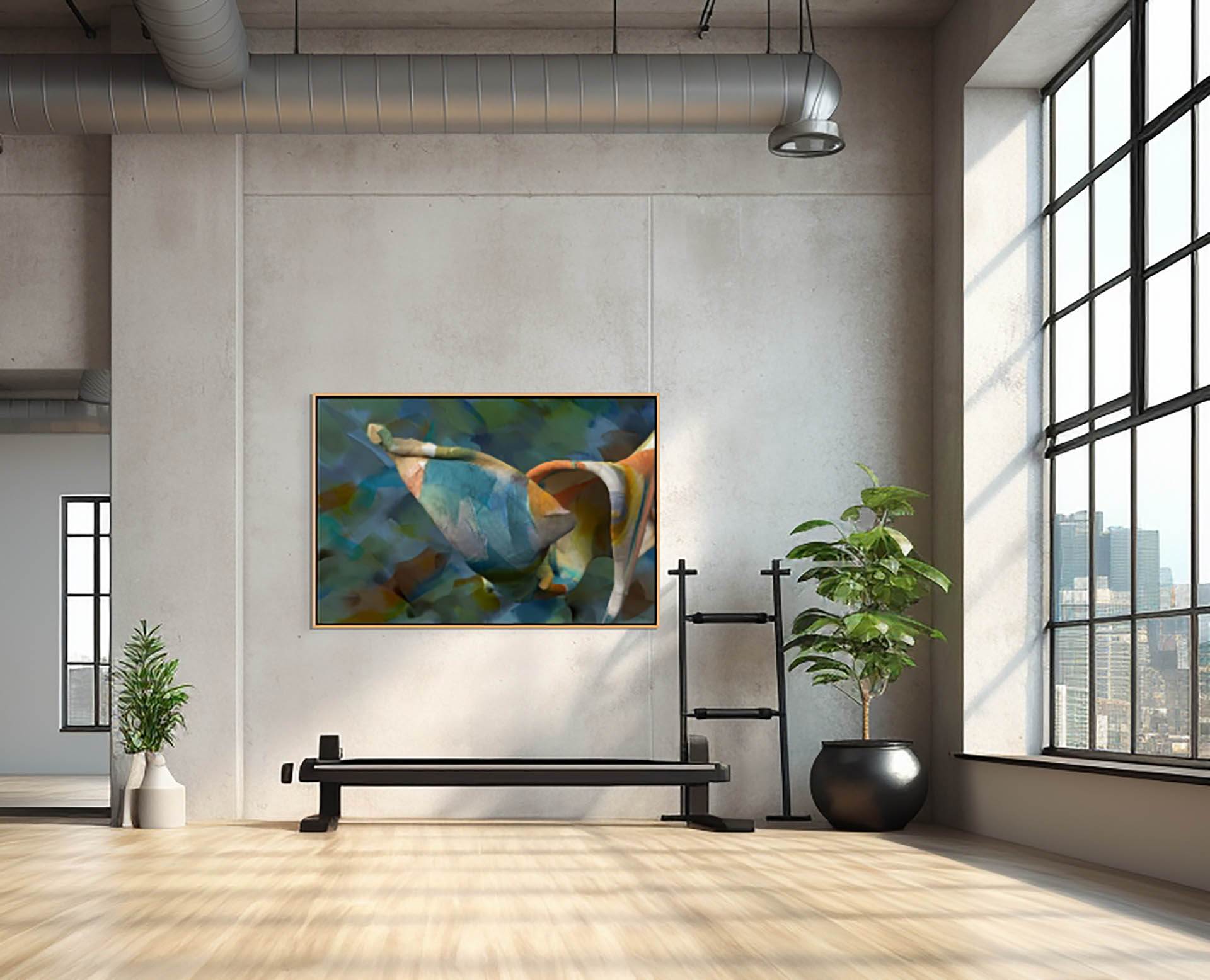 A modern room showcases large windows, a sleek bench, and Unfolding Thought canvas art on the wall. A potted plant adds natures touch. The polished concrete floor and exposed ductwork complement the urban view through the windows.