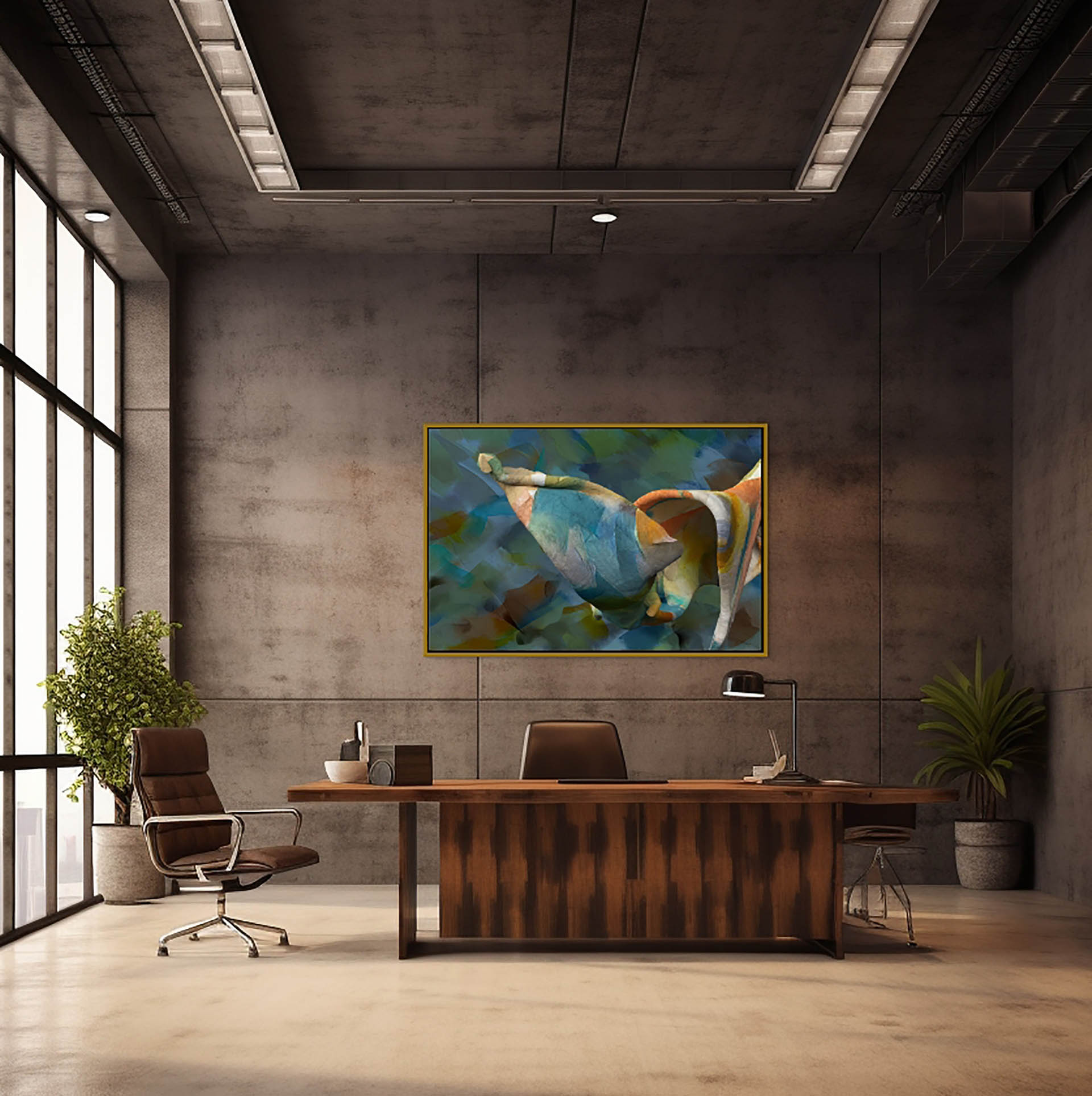 A modern office showcases a wooden desk with a brown leather chair and side chair. The desk is adorned with a lamp, notebook, and plant, flanked by tall plants. The Unfolding Thought canvas art print adds vibrancy to the concrete wall, enhancing the contemporary flair.