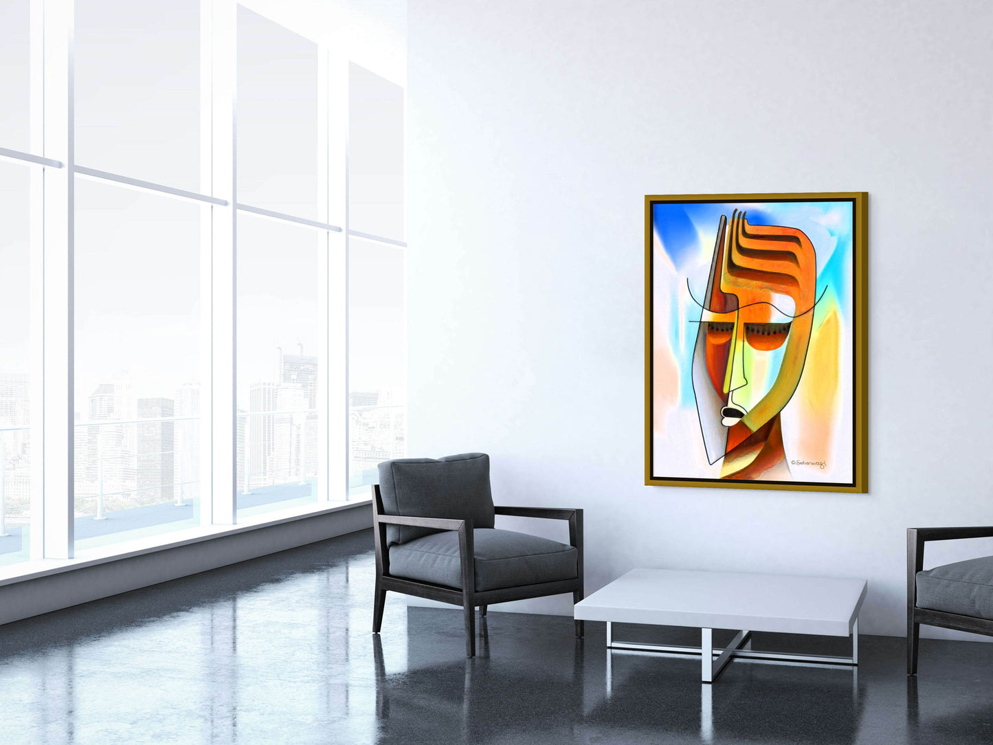 A minimalist room features two gray armchairs around a white coffee table. The vibrant Unmasking canvas art adorns the white wall, its bold lines and colors capturing human identity. Large windows offer a lively cityscape view outside.