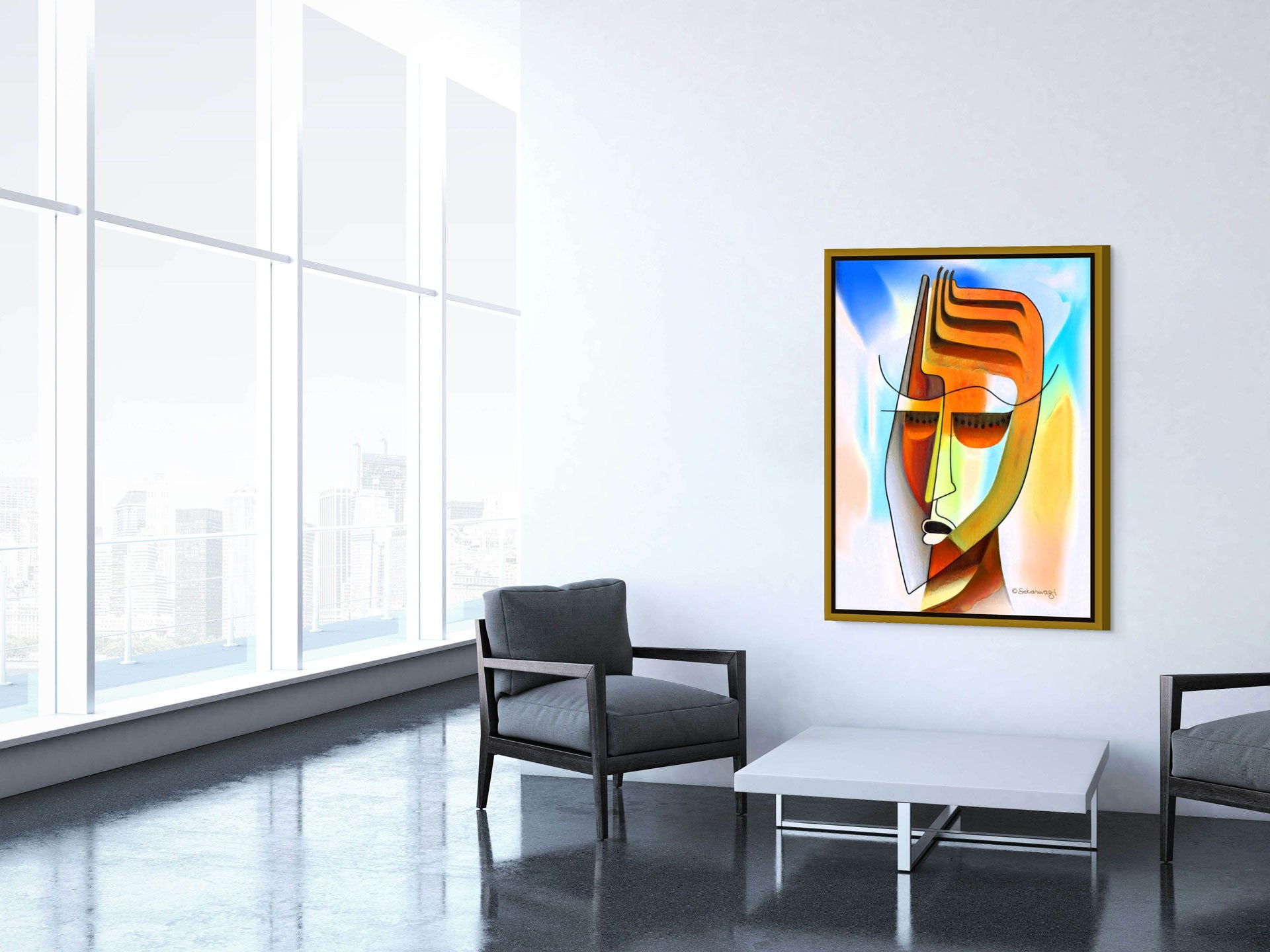 A minimalist room features two gray armchairs around a white coffee table. The vibrant Unmasking canvas art adorns the white wall, its bold lines and colors capturing human identity. Large windows offer a lively cityscape view outside.