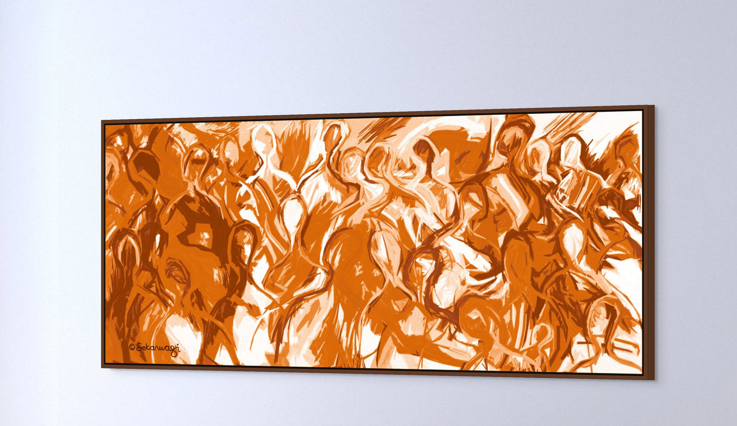 The We Are All Connected - Canvas Art features dynamic, fluid forms in orange and white, resembling figures in motion. It conveys energy and movement with a simple dark frame, mounted on a light-colored wall.