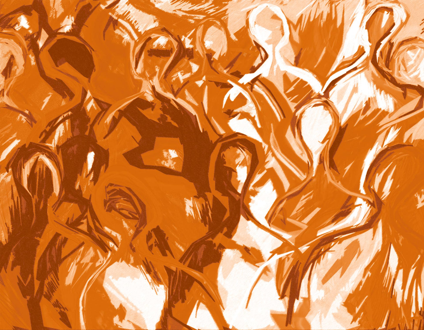 We Are All Connected is a canvas art piece featuring abstract figures in motion with swirling orange and white brushstrokes, reflecting metaphysical principles and conveying dynamic movement and energy.