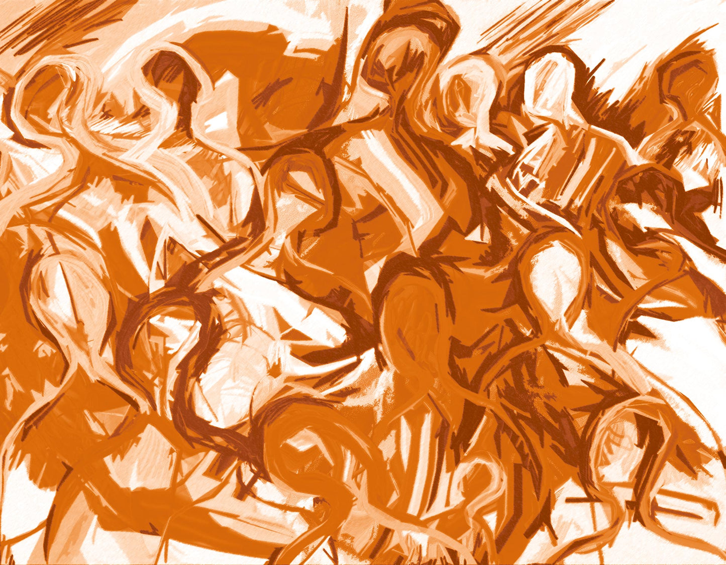 The We Are All Connected canvas art showcases swirling, energetic lines of figures in orange and brown shades, suggesting movement and embodying a metaphysical principle with abstract fluidity.