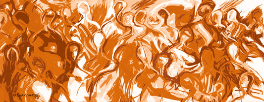The We Are All Connected canvas art illustrates a dynamic crowd of stylized figures in warm orange and brown hues. The energetic brushstrokes capture movement, creating a lively and vibrant scene.