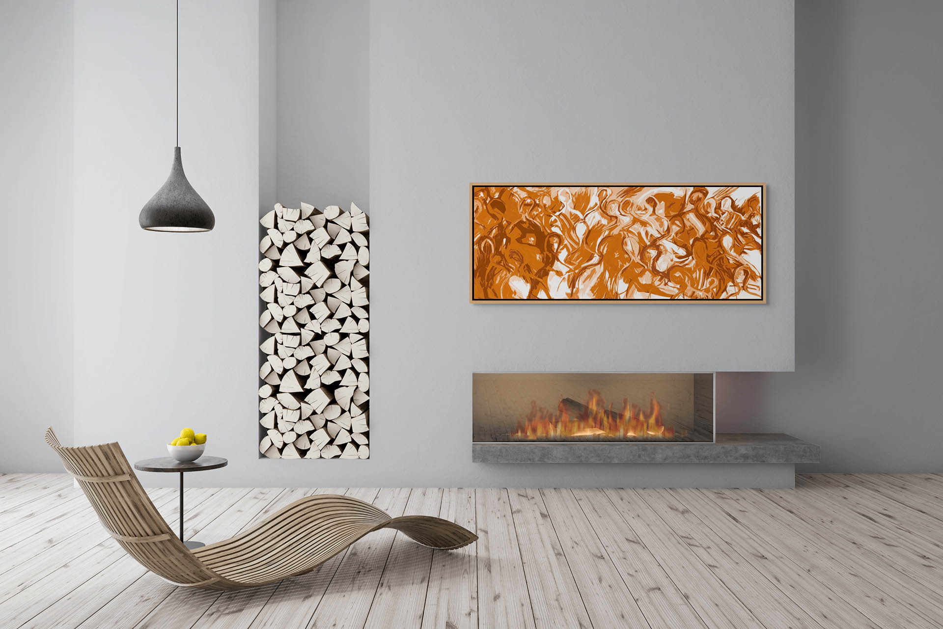 A minimalist living room features a modern fireplace, a sleek wavy wooden chair on a light wood floor, and neatly stacked firewood. We Are All Connected canvas art hangs above the fireplace, with a stylish pendant lamp near it.