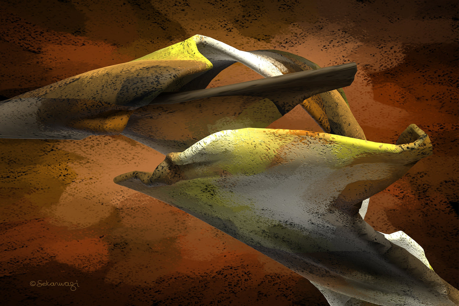 Floating Thoughts (Canvas Prints) features intertwined, weathered stone-like forms in brown, yellow, and cream floating in space. The textured background blends warm earth tones for depth and contrast.