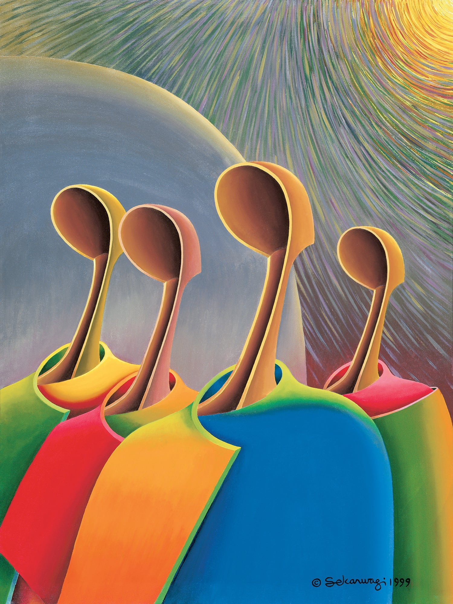 "Great Expectations" is a vibrant abstract painting featuring four faceless figures with elongated necks dressed in red, yellow, blue, and green against a colorful swirled background. A sun-like object glows at the top right.